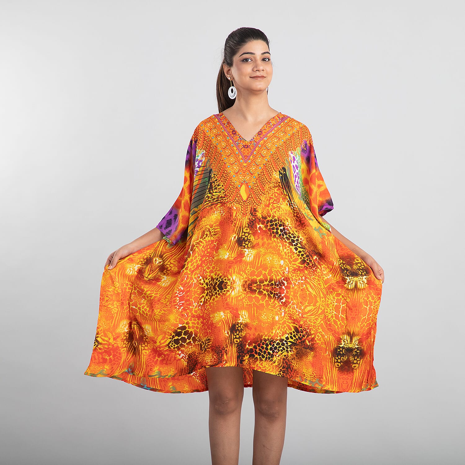 TAMSY Animal Fantasy Printed Short Kaftan (Size 95x78 Cm) - Yellow & Orange