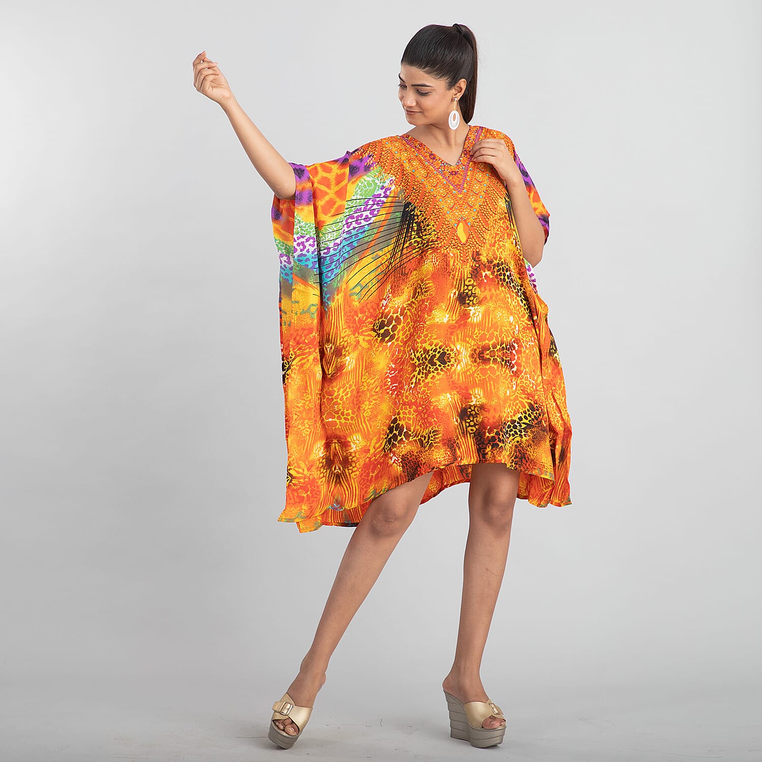 TAMSY Animal Fantasy Printed Short Kaftan (Size 95x78 Cm) - Yellow & Orange