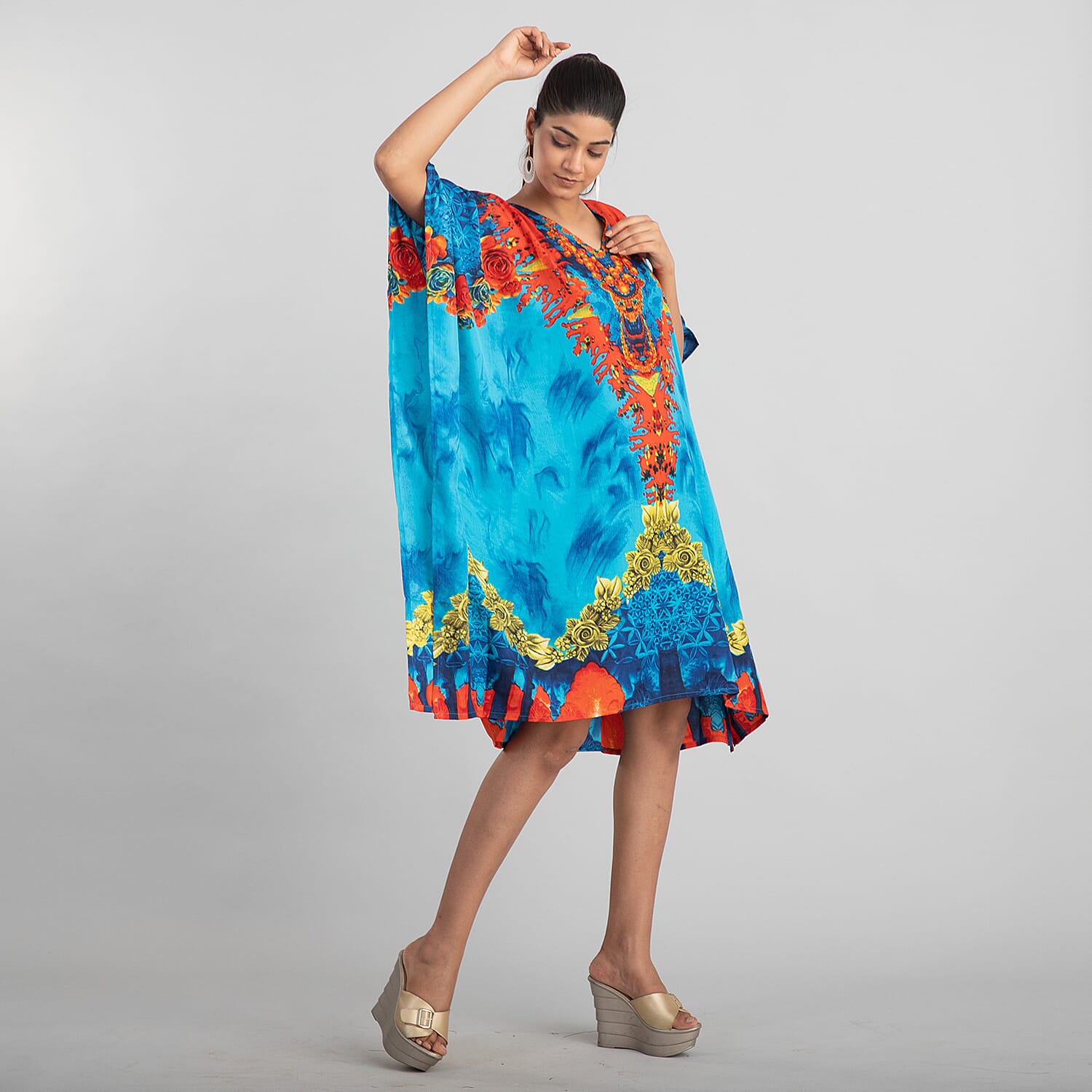 JOVIE Kaleidoscope Printed Short Kaftan - Blue & Multi