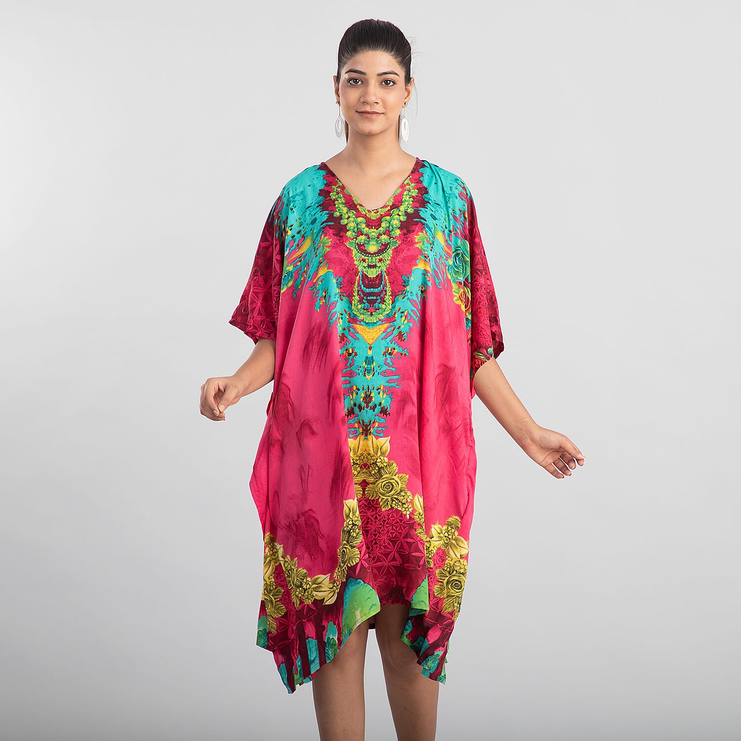 TAMSY Kaleidoscope Printed Short Kaftan (Size 95x78 Cm) - Pink & Multi