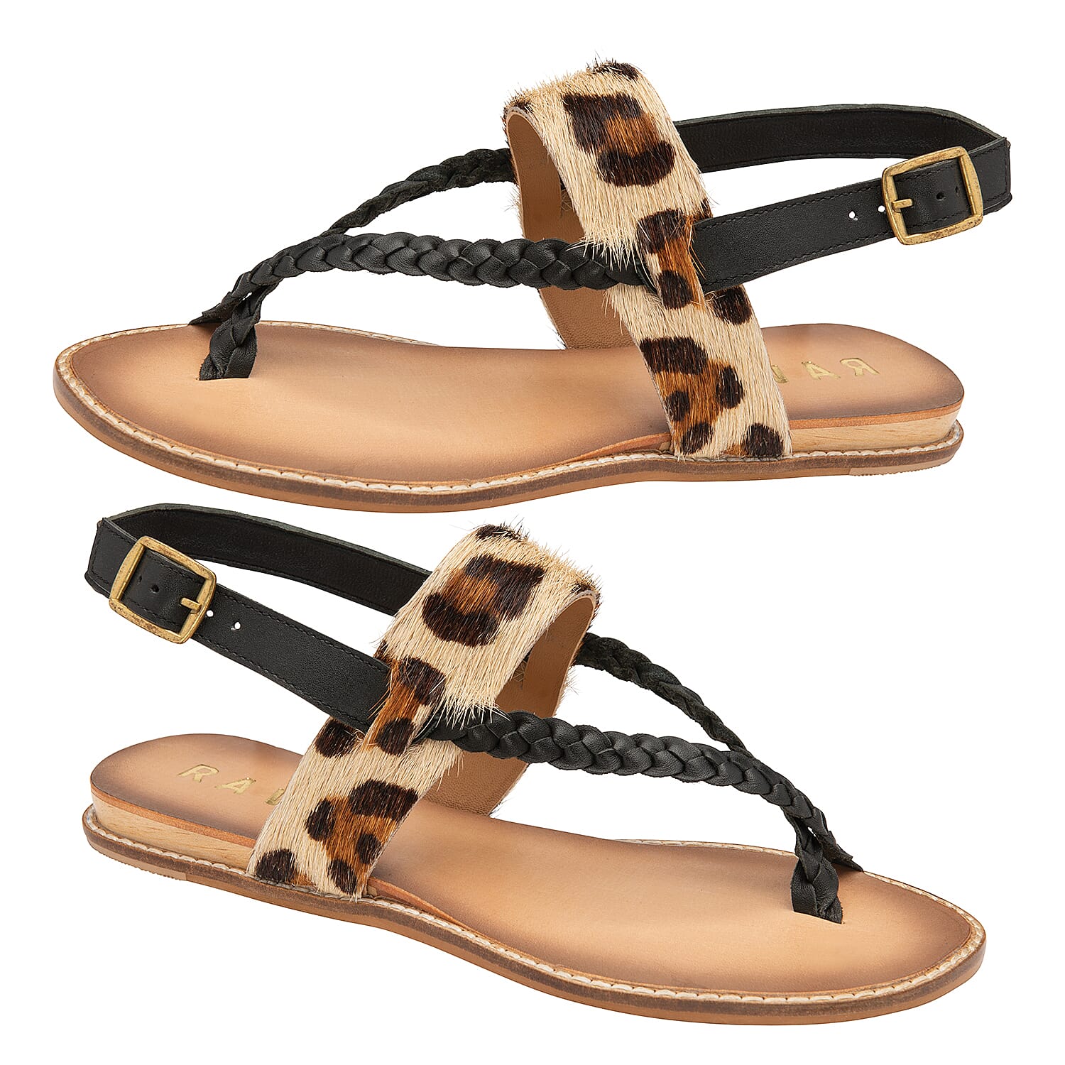 RAVEL Black & Leopard-Print Luna Flat Sandals (Size 5)