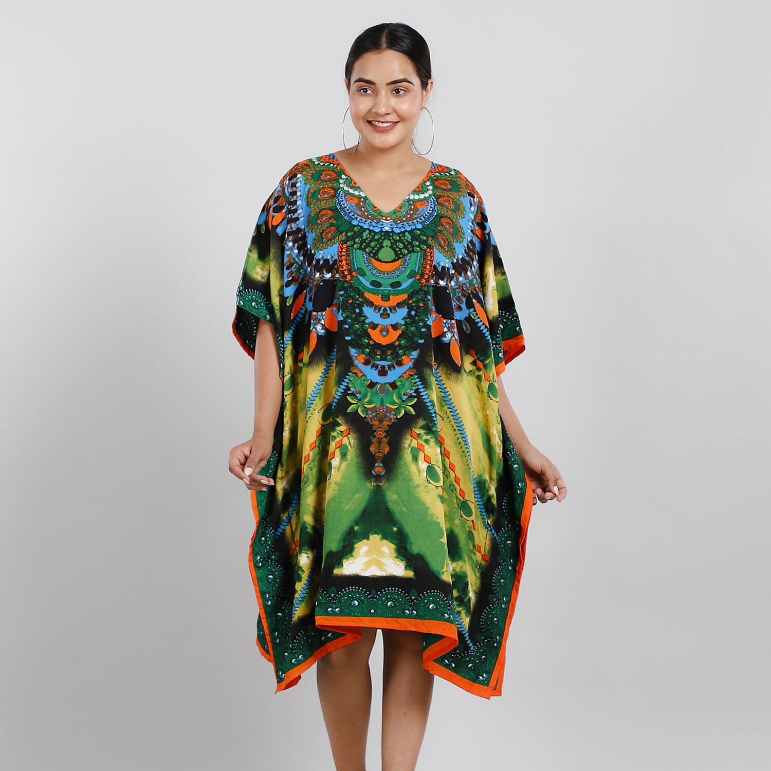 JOVIE Fantasy Printed Short Kaftan (Size 95x80 Cm) - Green & Multi