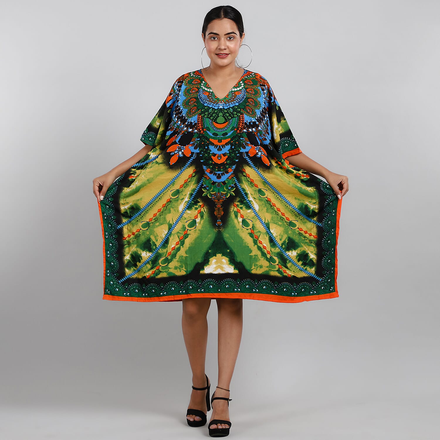 JOVIE Fantasy Printed Short Kaftan (Size 95x80 Cm) - Green & Multi
