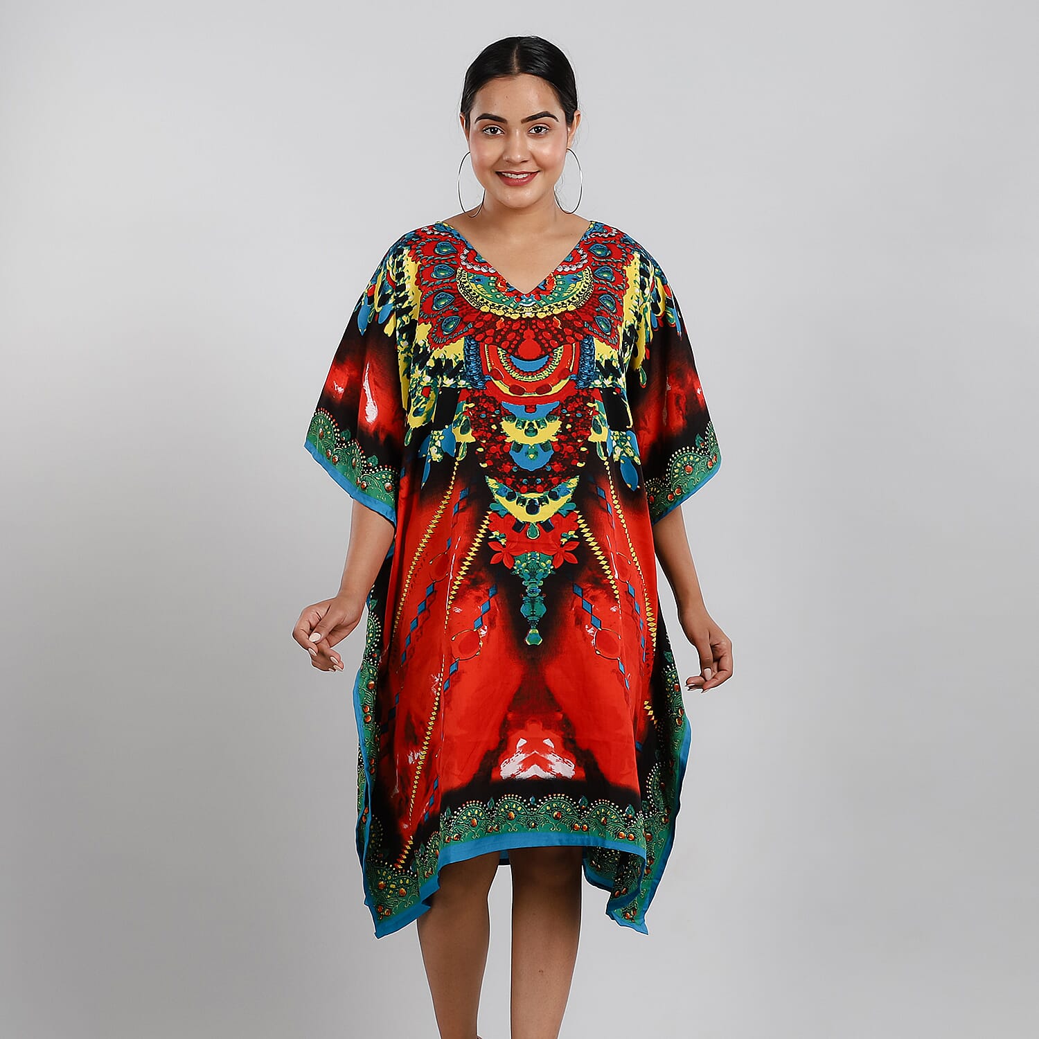 Fantasy Printed Short Kaftan (Size 95x80 Cm) - Red & Multi