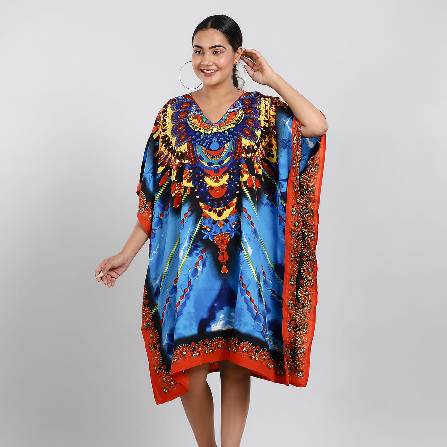 JOVIE Fantasy Printed Short Kaftan (Size 95x80 Cm) - Turquoise & Multi