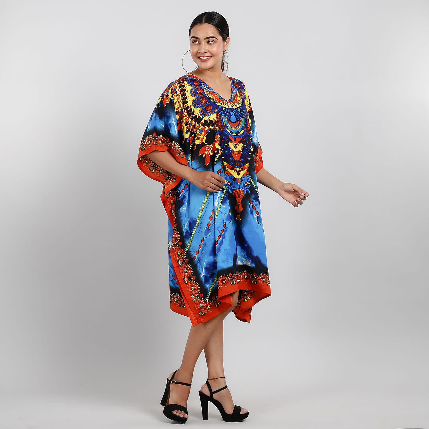 JOVIE Fantasy Printed Short Kaftan (Size 95x80 Cm) - Turquoise & Multi