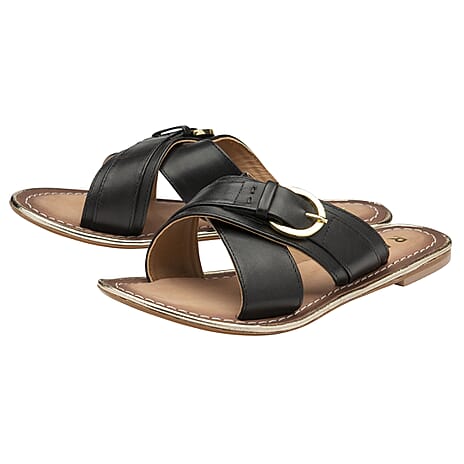 RAVEL Black Nola Leather Flat Sandals (Size 5)