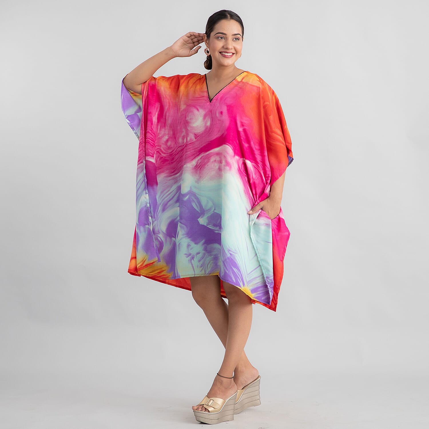TAMSY Marble Printed Short Kaftan - Blue & Pink