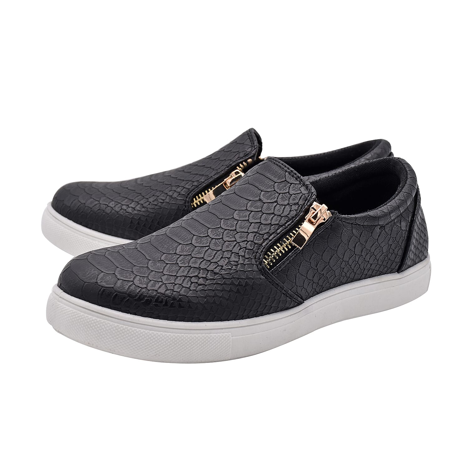 Black Croc Pattern Zipper Canvas Trainers 