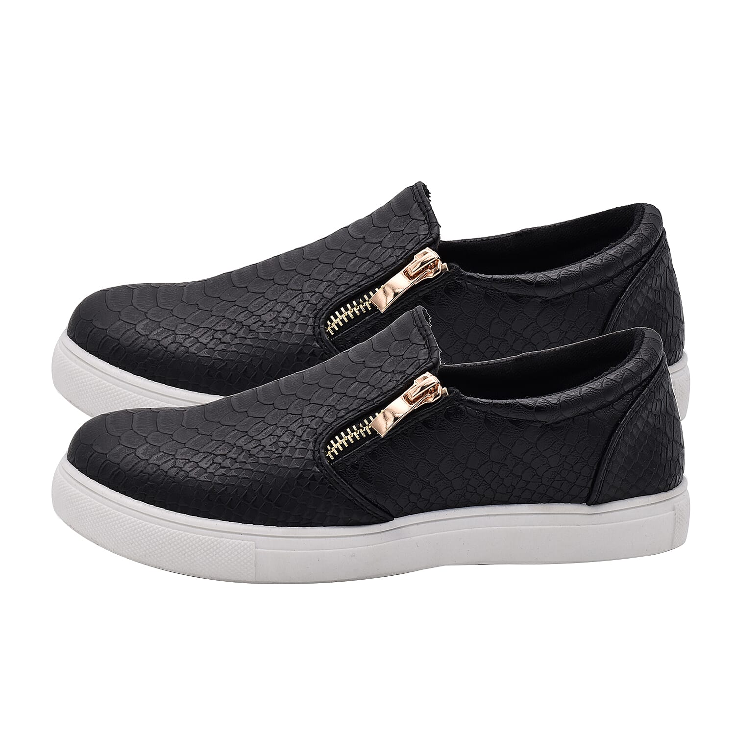 Black Croc Pattern Zipper Canvas Trainers 