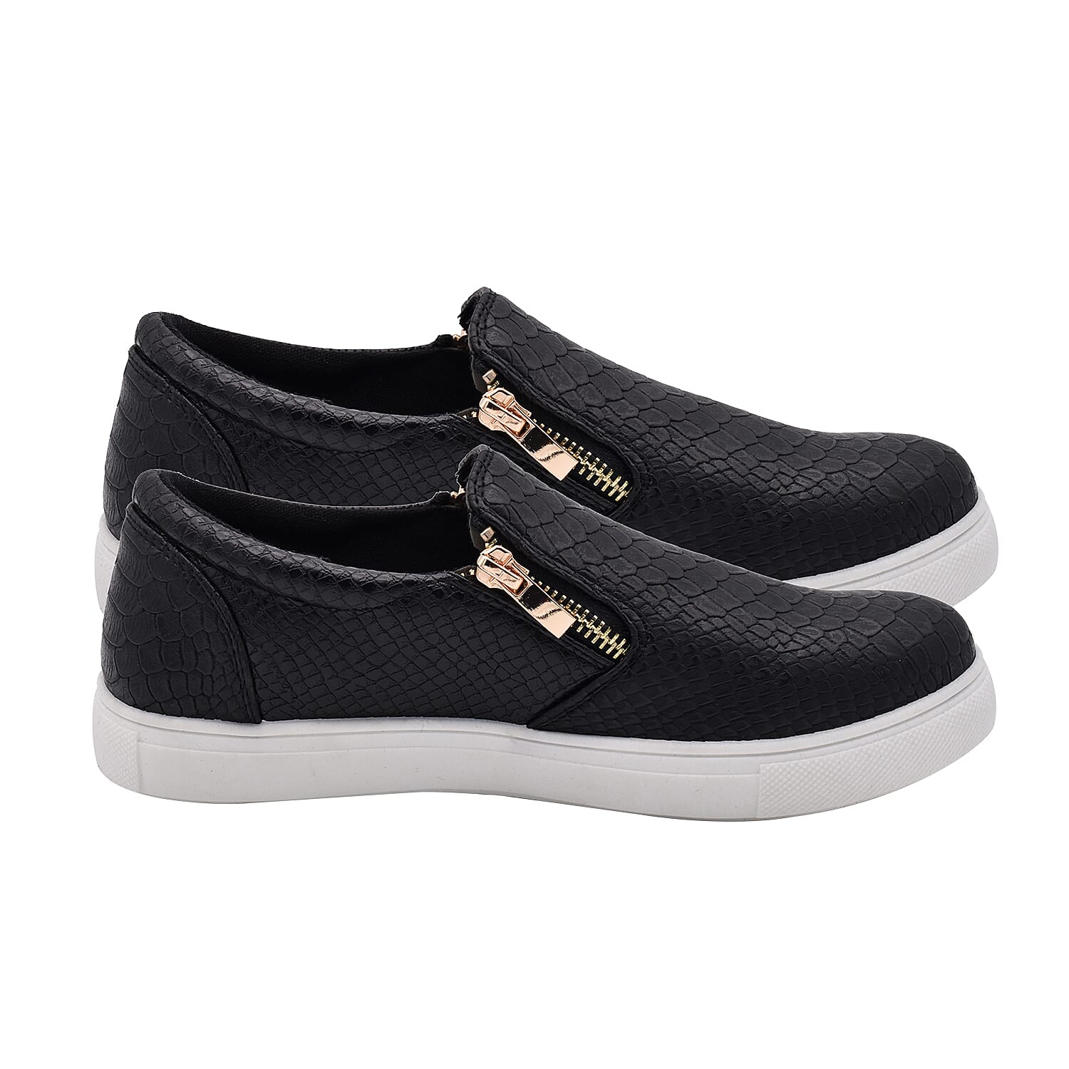 Black Croc Pattern Zipper Canvas Trainers 