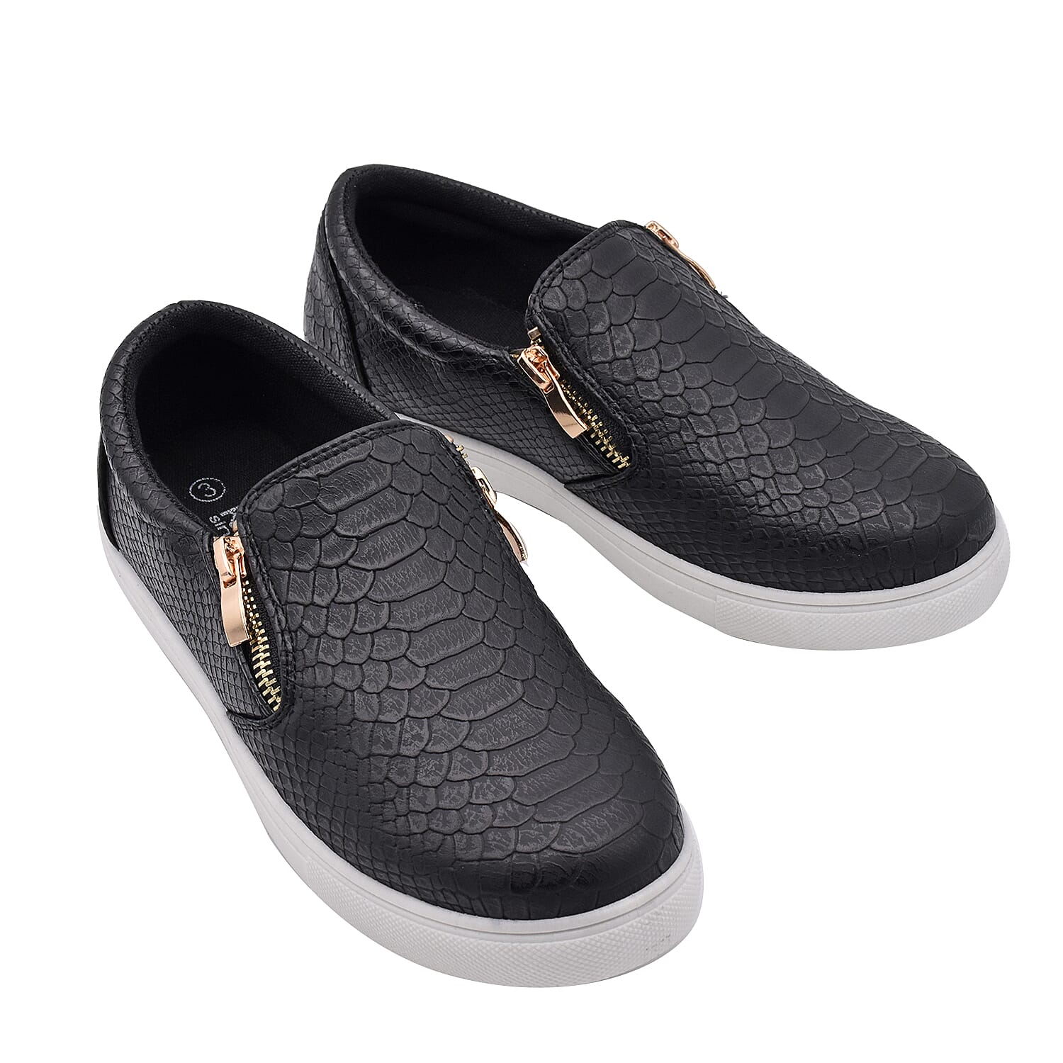 Black Croc Pattern Zipper Canvas Trainers 