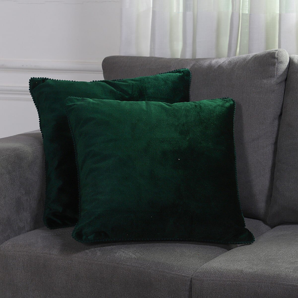 Set of 2 Solid Velvet Cushio Cover with Pom Poms (Size 45x45 Cm) Green