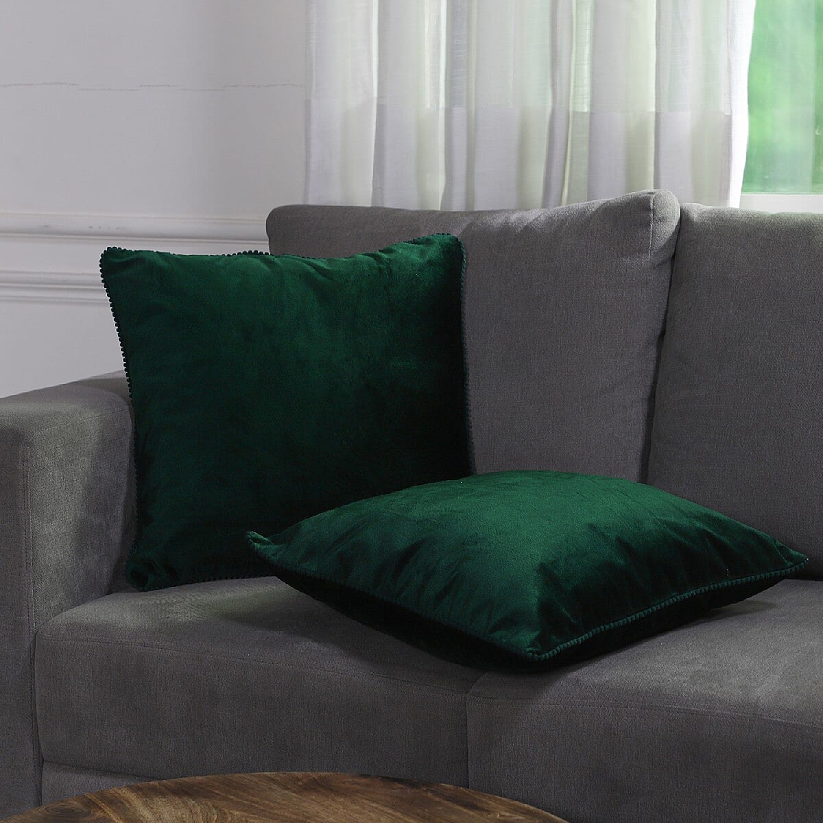 Set of 2 Solid Velvet Cushio Cover with Pom Poms (Size 45x45 Cm) Green