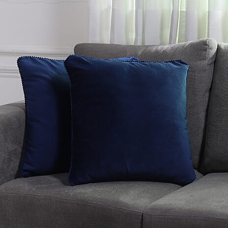 Set of 2 Solid Velvet Cushion Cover with Pom Pom (Size 45x45 Cm)  Light Navy Blue