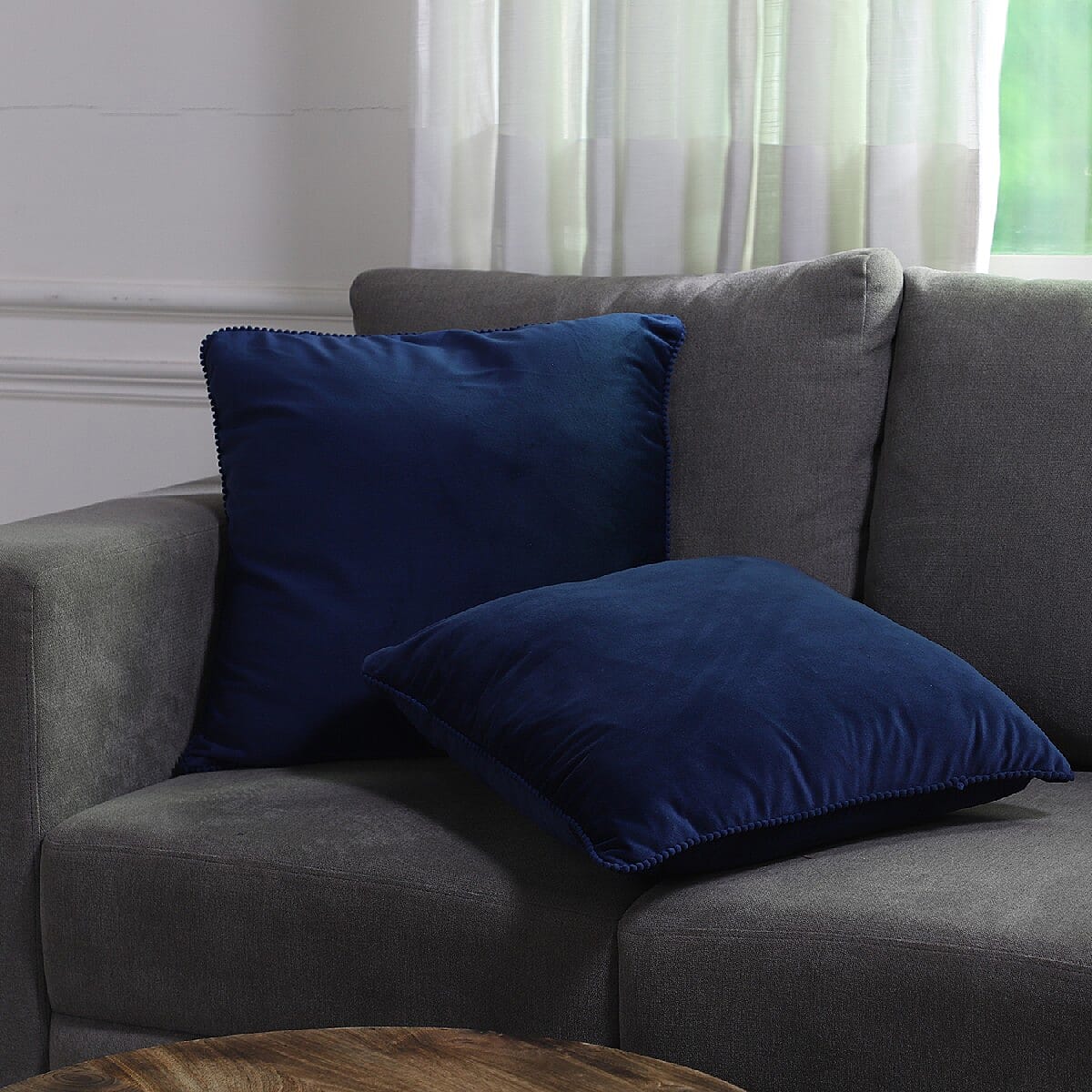 Set of 2 Solid Velvet Cushion Cover with Pom Pom (Size 45x45 Cm)  Light Navy Blue