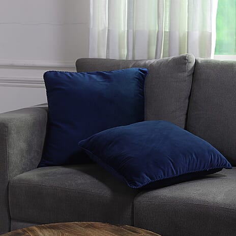 Set of 2 Solid Velvet Cushion Cover with Pom Pom (Size 45x45 Cm)  Light Navy Blue