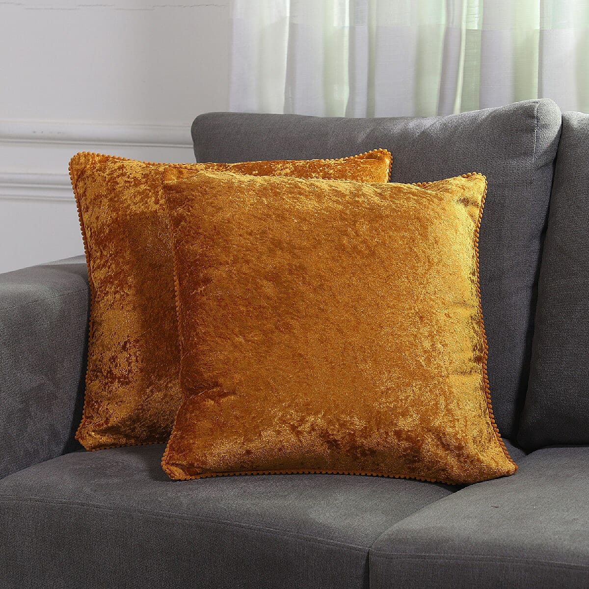 Set of 2 Solid Velvet Cushio Cover with Pom Pom (Size 45x45 Cm) Light Orange