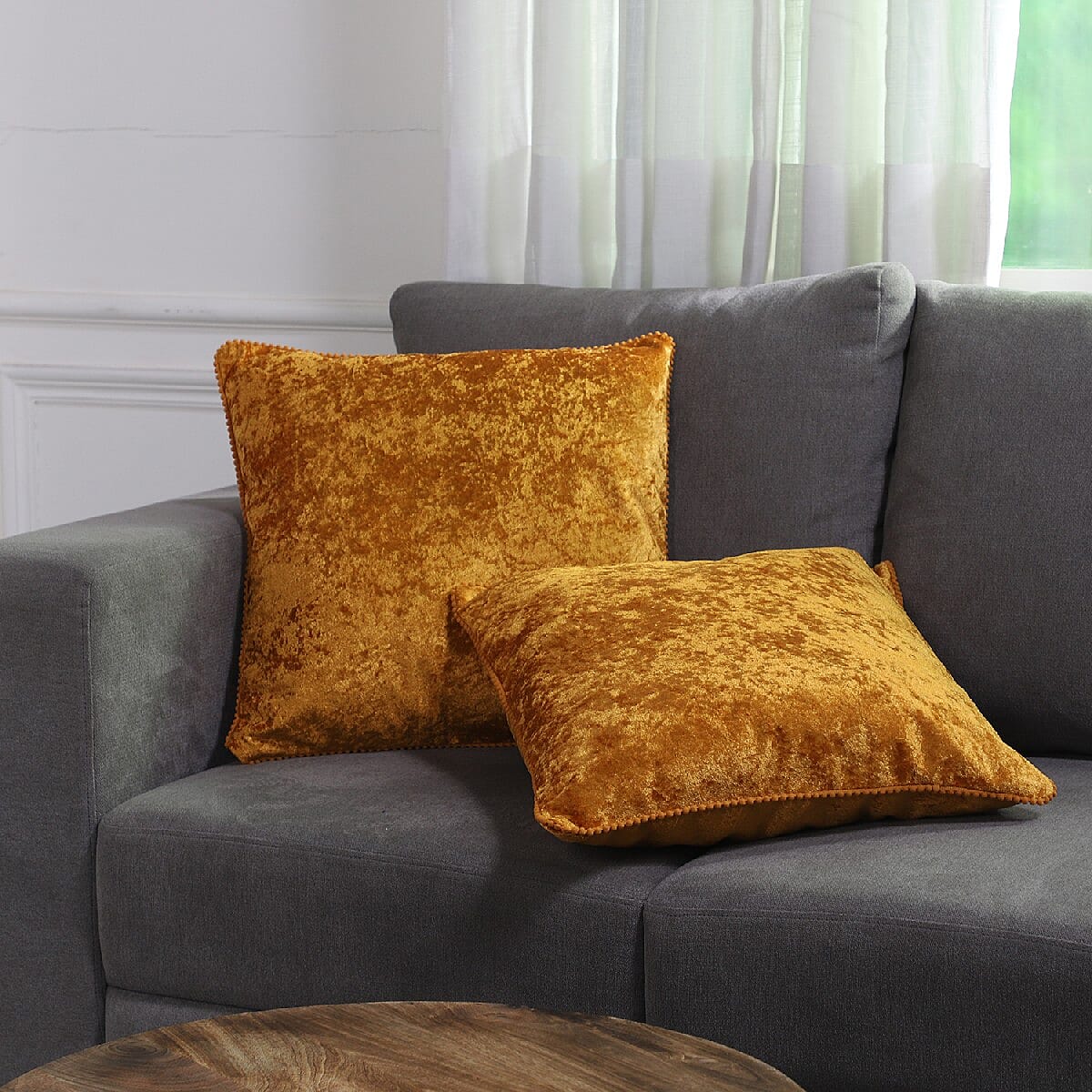Set of 2 Solid Velvet Cushio Cover with Pom Pom (Size 45x45 Cm) Light Orange