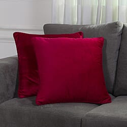 Set of 2 Solid Velvet Cushion Covers with Pom Poms