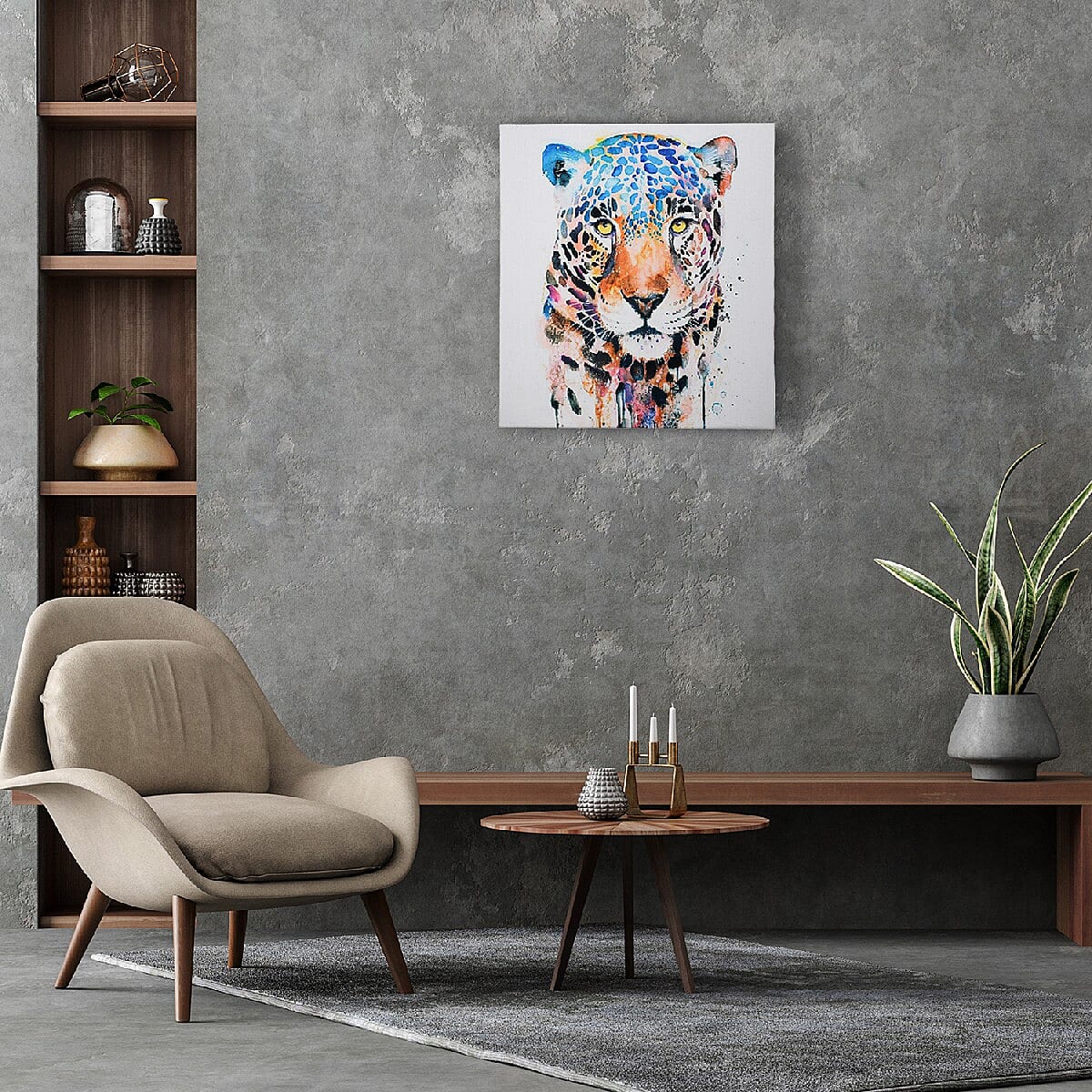 Wooden Framed Canvas Digital Leopard Print Wall Painting (Size 43.3x38cm) - Off White & Multi