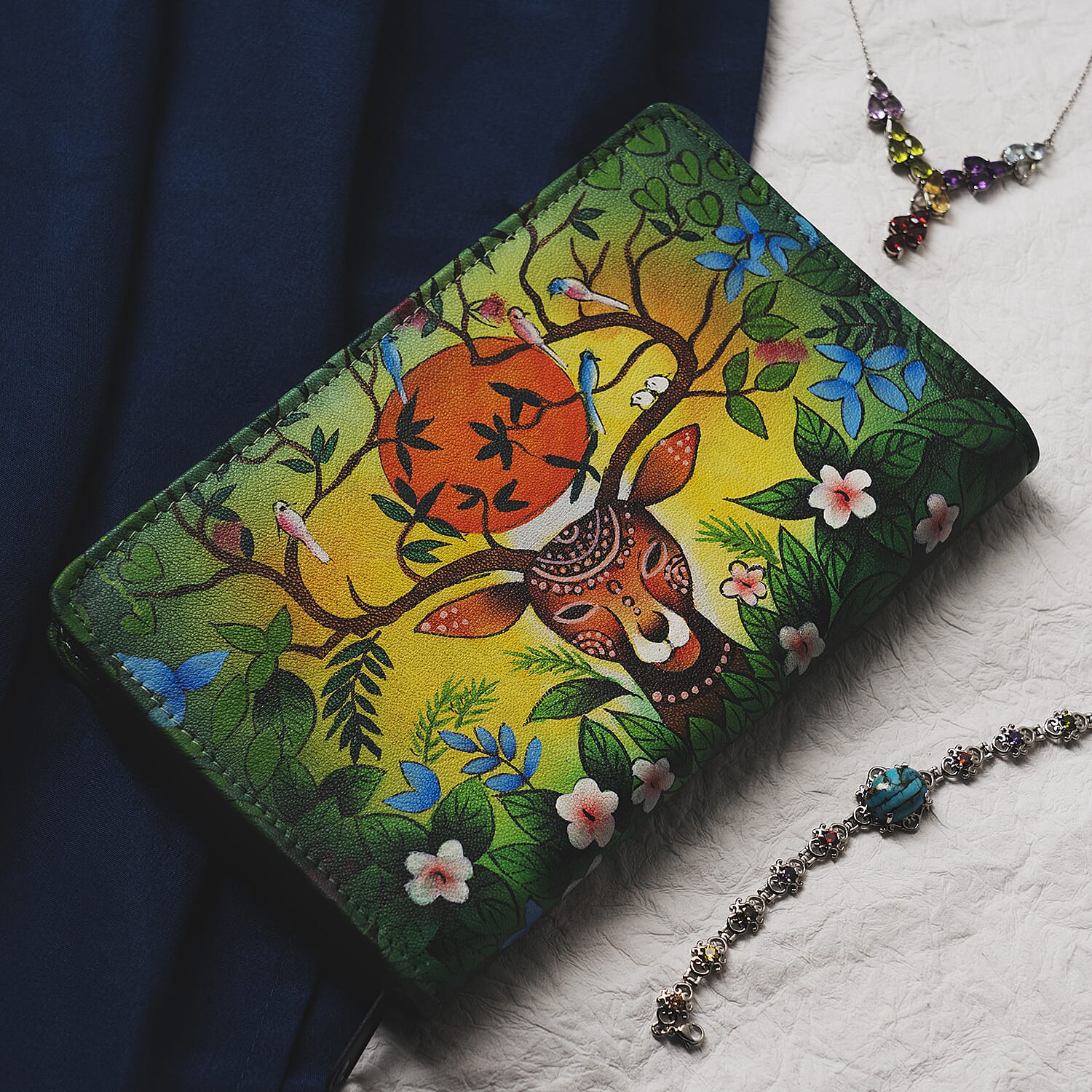 Portable Hand Printed Deer Mother Theme Jewellery Organiser - Black and Multi