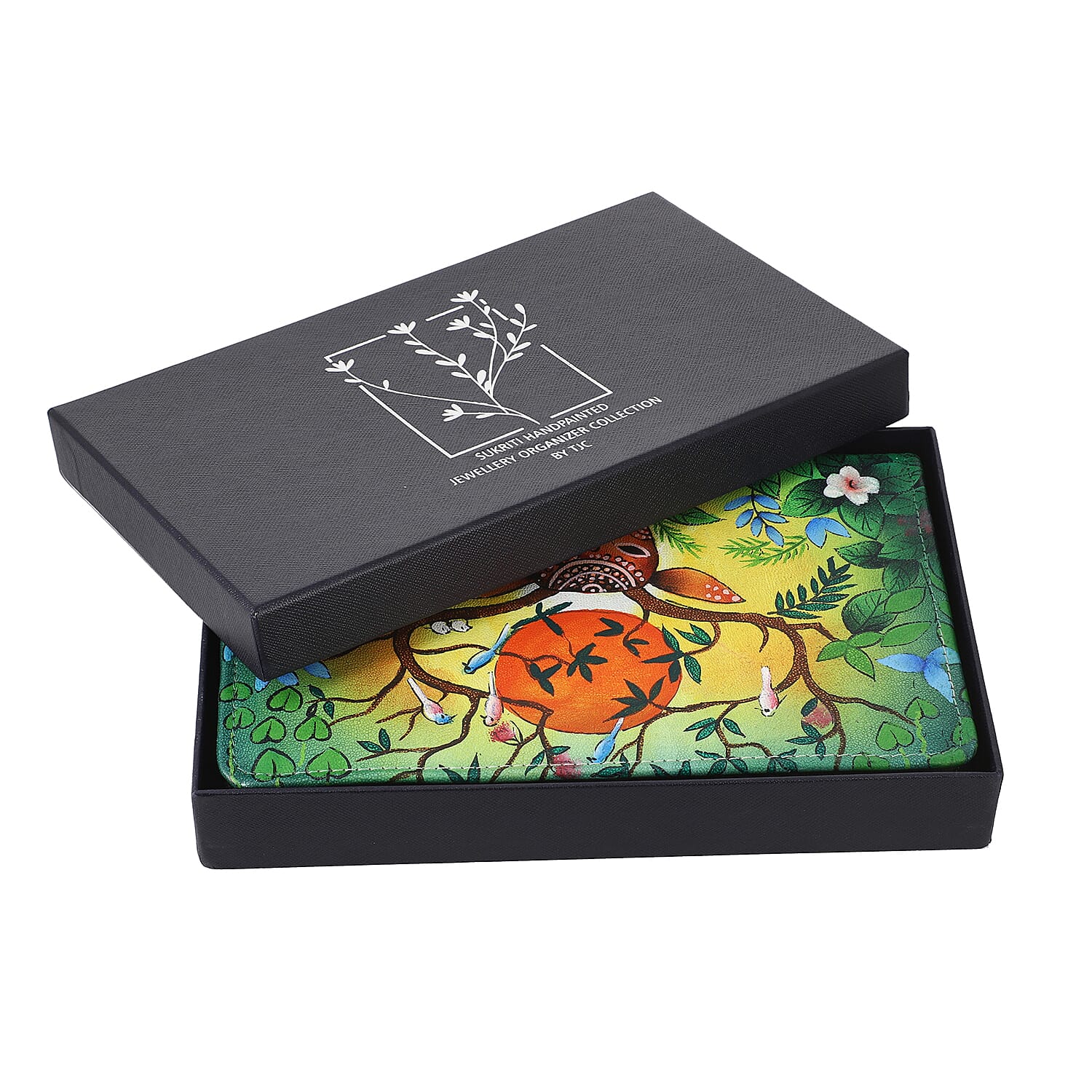 Portable Hand Printed Deer Mother Theme Jewellery Organiser - Black and Multi