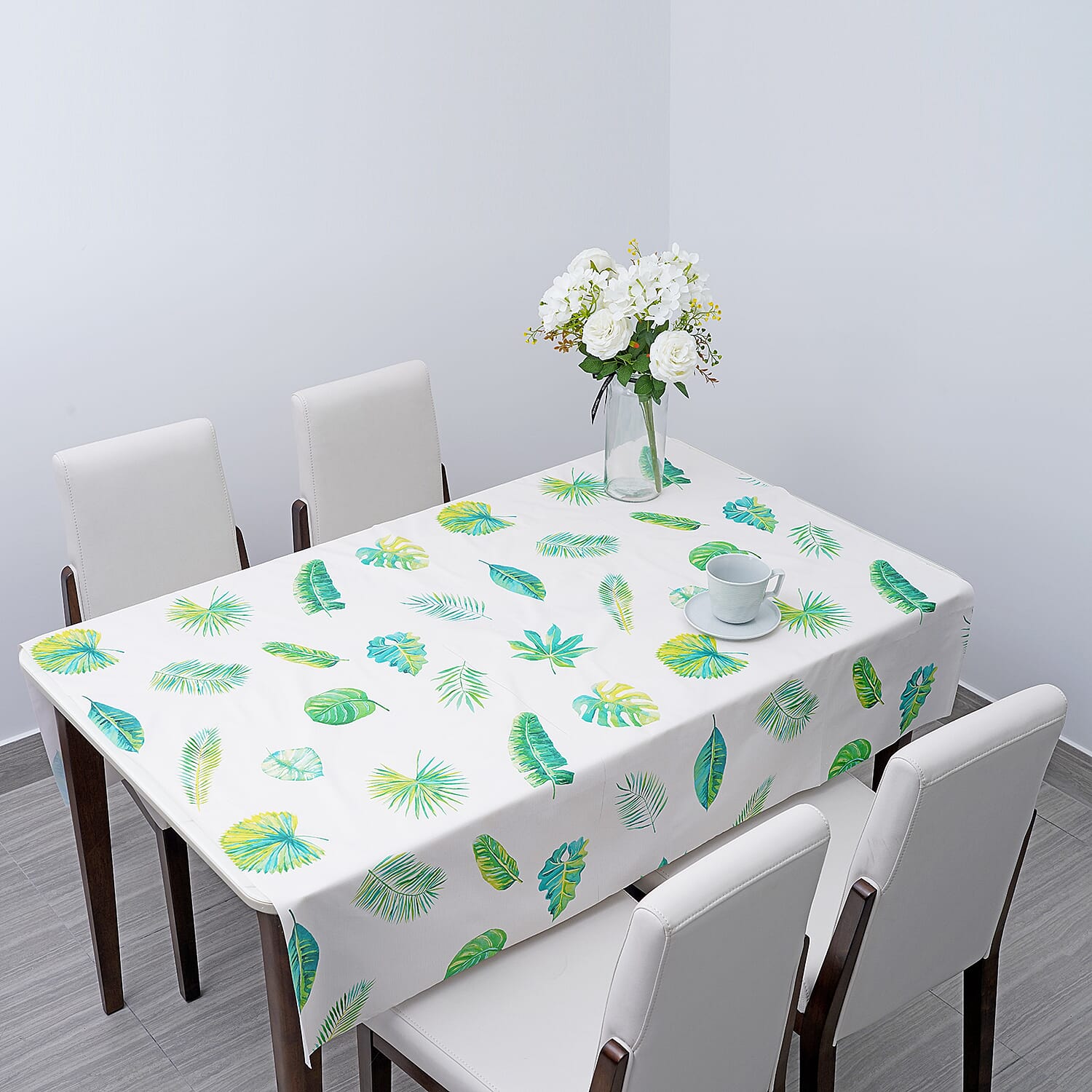 100% Waterproof PVC Table Cloth with Leaves Pattern (Size 140x137cm) - Ivory