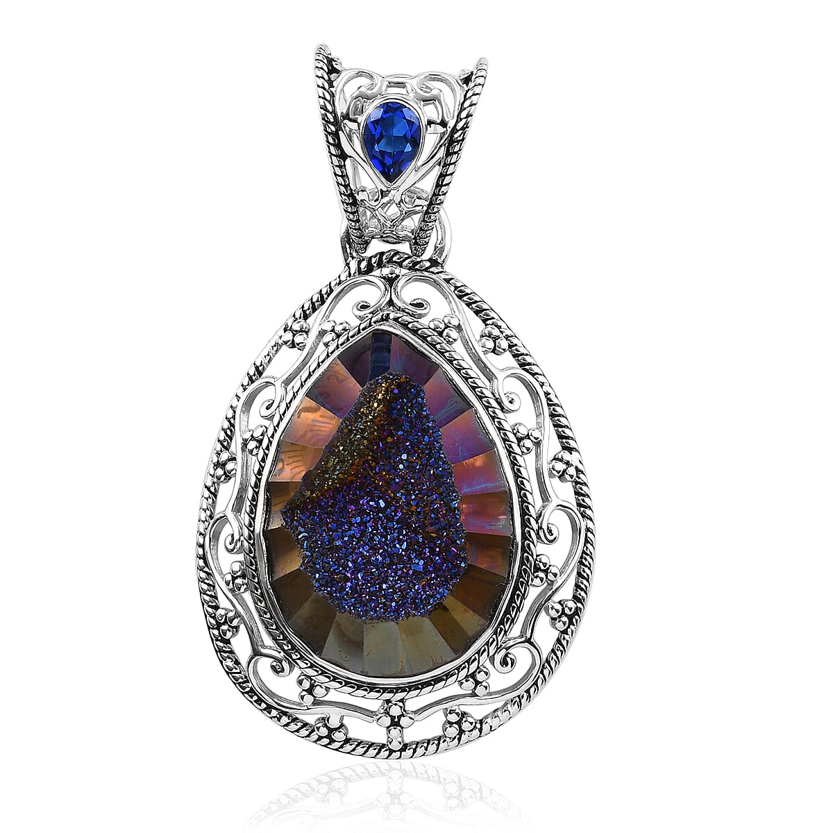 Sajen Silver CULTURAL FLAIR Collection- Agate and Doublet Quartz Pendant in Sterling Silver 24.08 Ct.