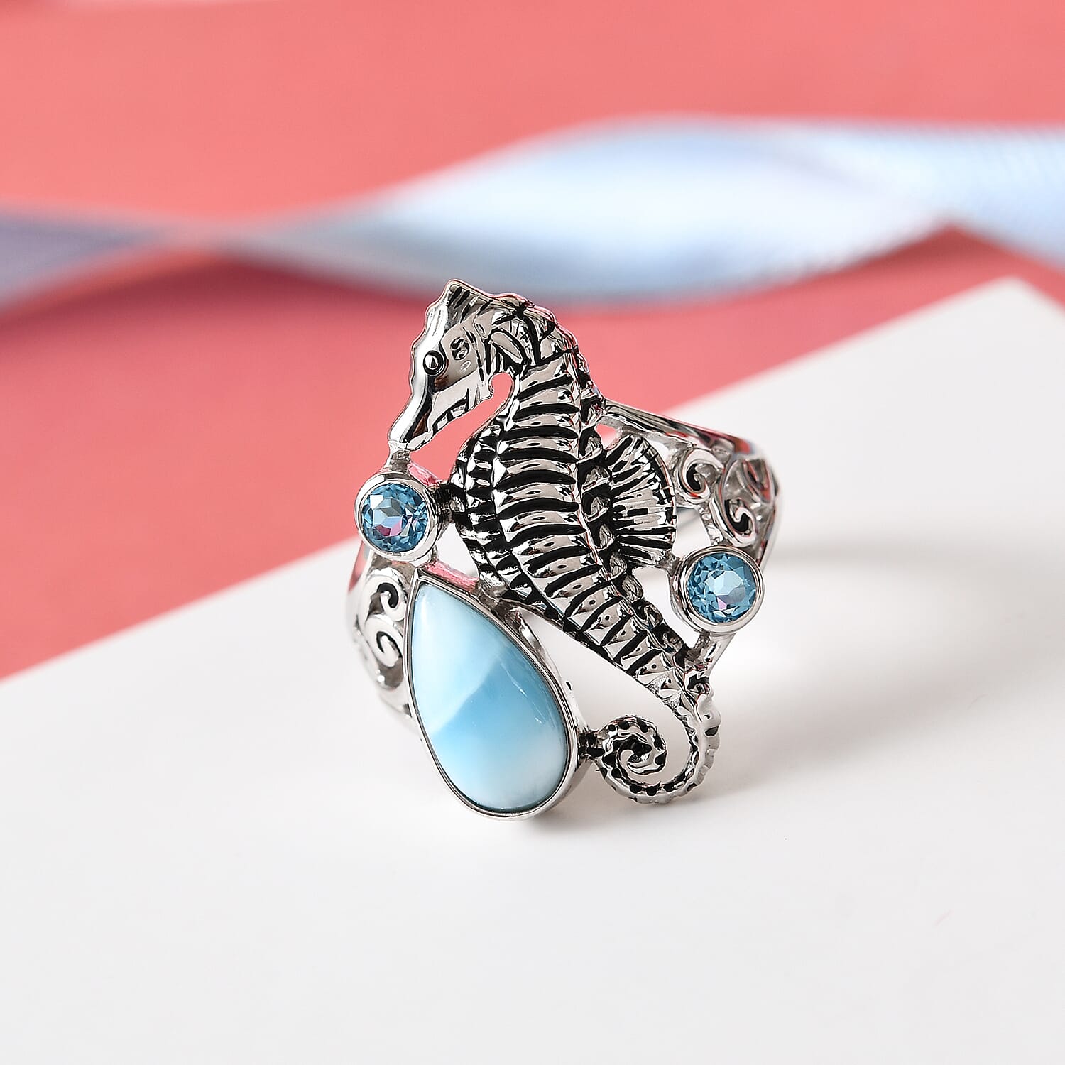 Sajen Silver NATURES JOY Collection- Larimar and Doublet Quartz Enamelled Seahorse Ring in Sterling Silver 1.08 Ct.