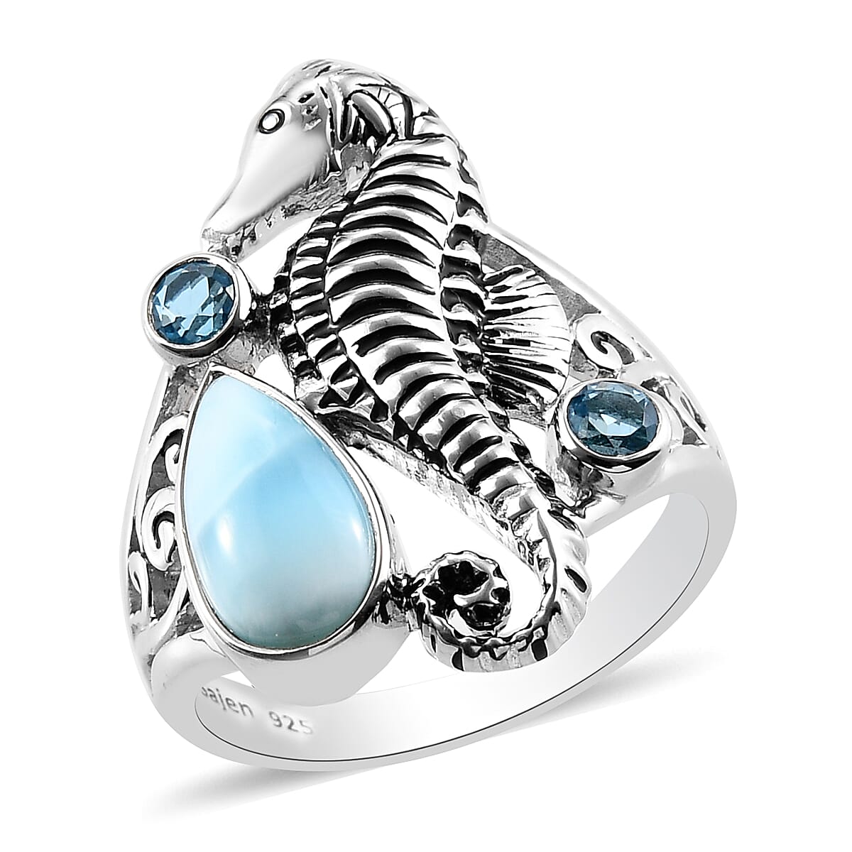 Sajen Silver NATURES JOY Collection- Larimar and Doublet Quartz Enamelled Seahorse Ring in Sterling Silver 1.08 Ct.