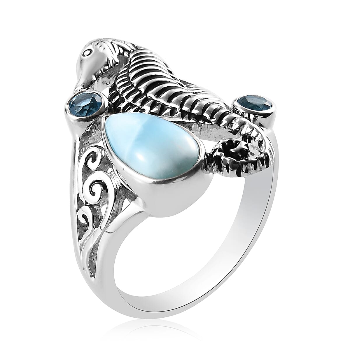 Sajen Silver NATURES JOY Collection- Larimar and Doublet Quartz Enamelled Seahorse Ring in Sterling Silver 1.08 Ct.