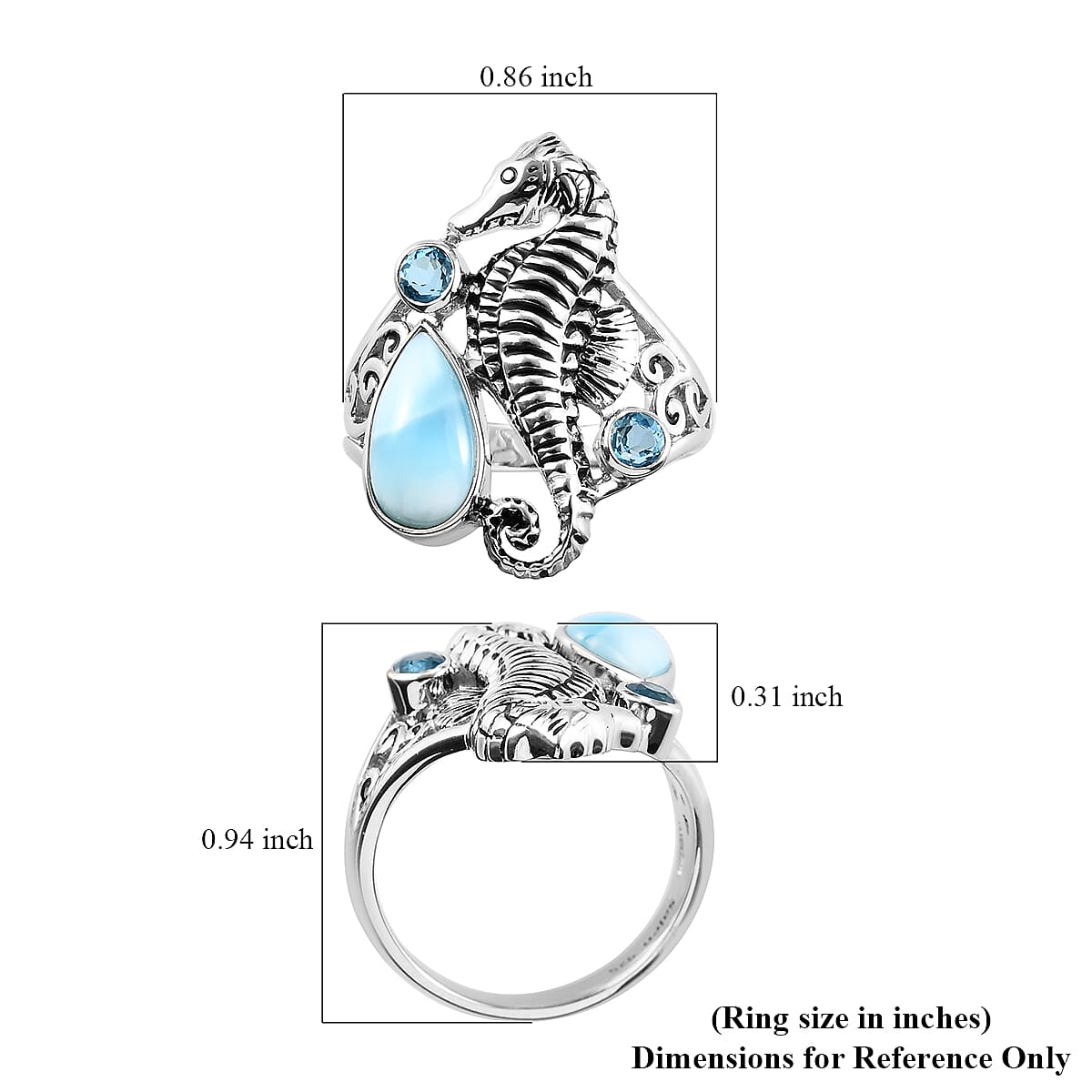 Sajen Silver NATURES JOY Collection- Larimar and Doublet Quartz Enamelled Seahorse Ring in Sterling Silver 1.08 Ct.
