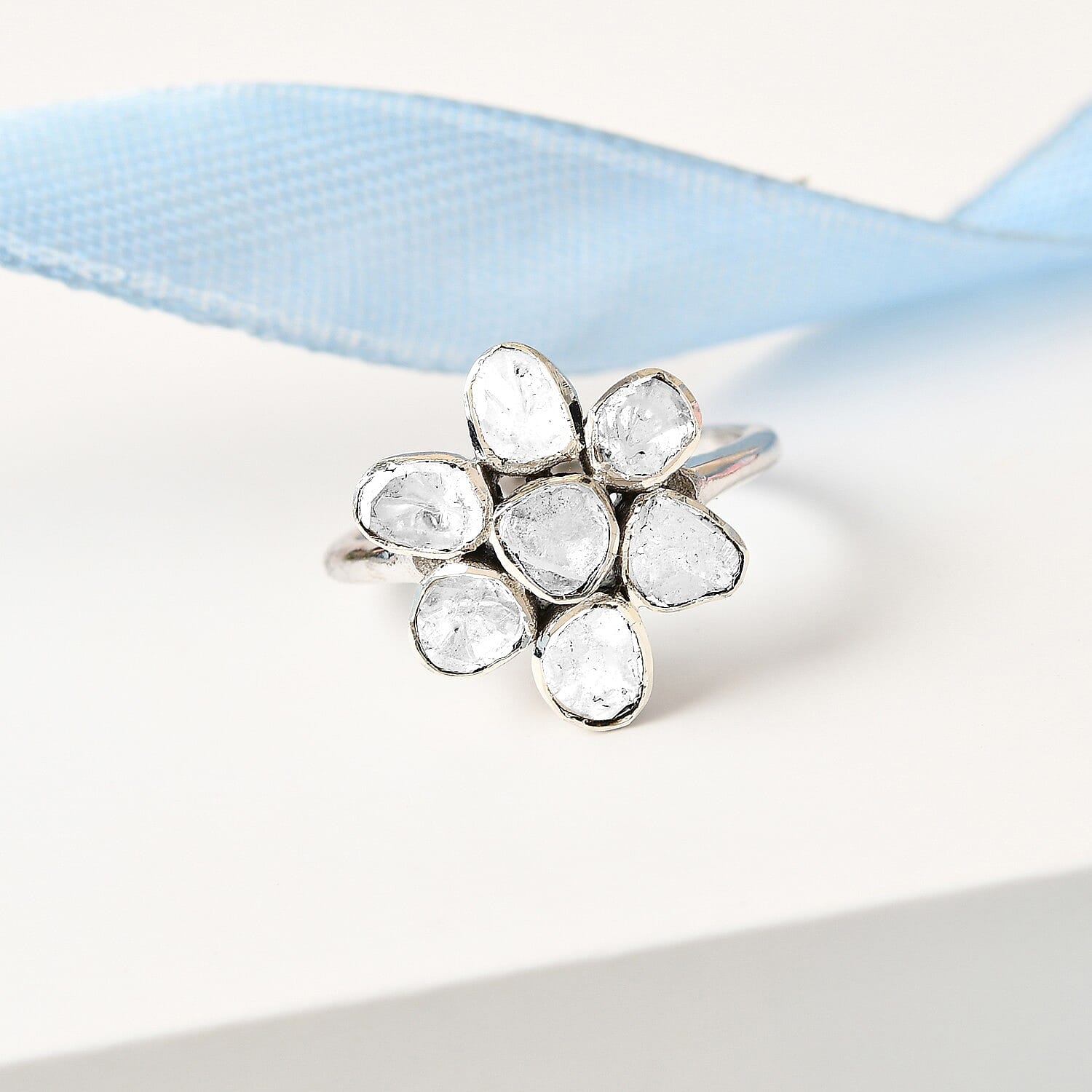 Artisan Crafted Polki Diamond Floral Ring in Platinum Overlay Sterling Silver 0.50 Cts