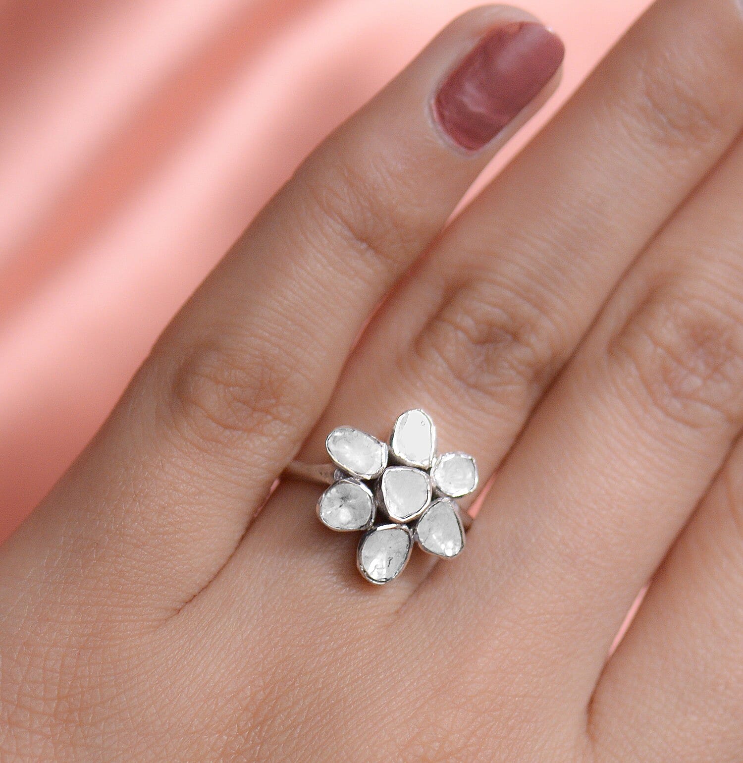 Artisan Crafted Polki Diamond Floral Ring in Platinum Overlay Sterling Silver 0.50 Cts