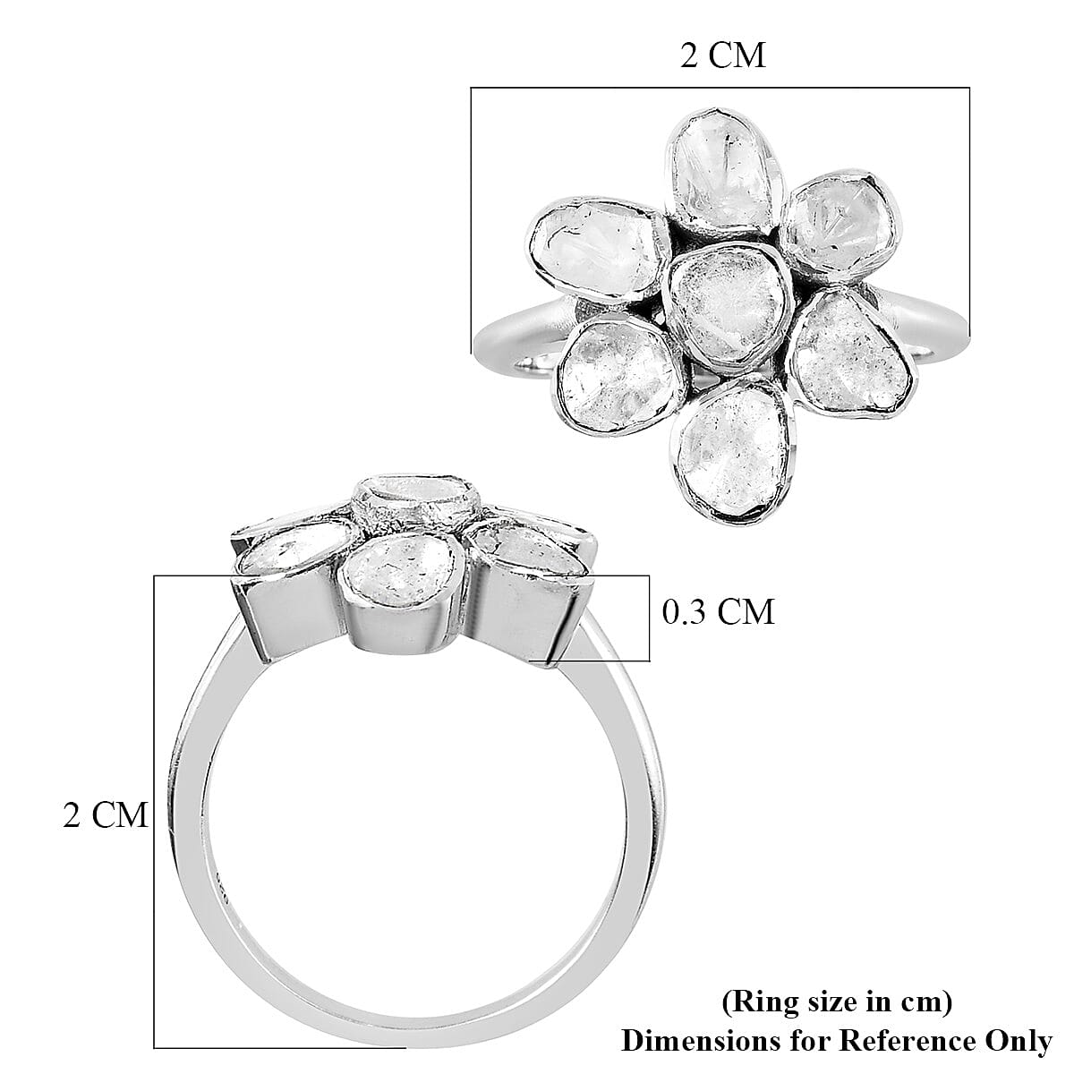 Artisan Crafted Polki Diamond Floral Ring in Platinum Overlay Sterling Silver 0.50 Cts