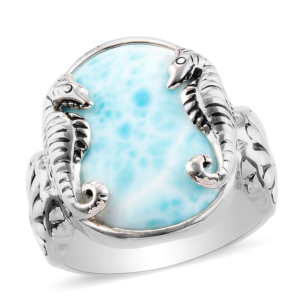 Sajen Silver NATURES JOY Collection - Larimar Enamelled Seahorse Ring in Platinum Overlay Sterling Silver 10.40 Ct.