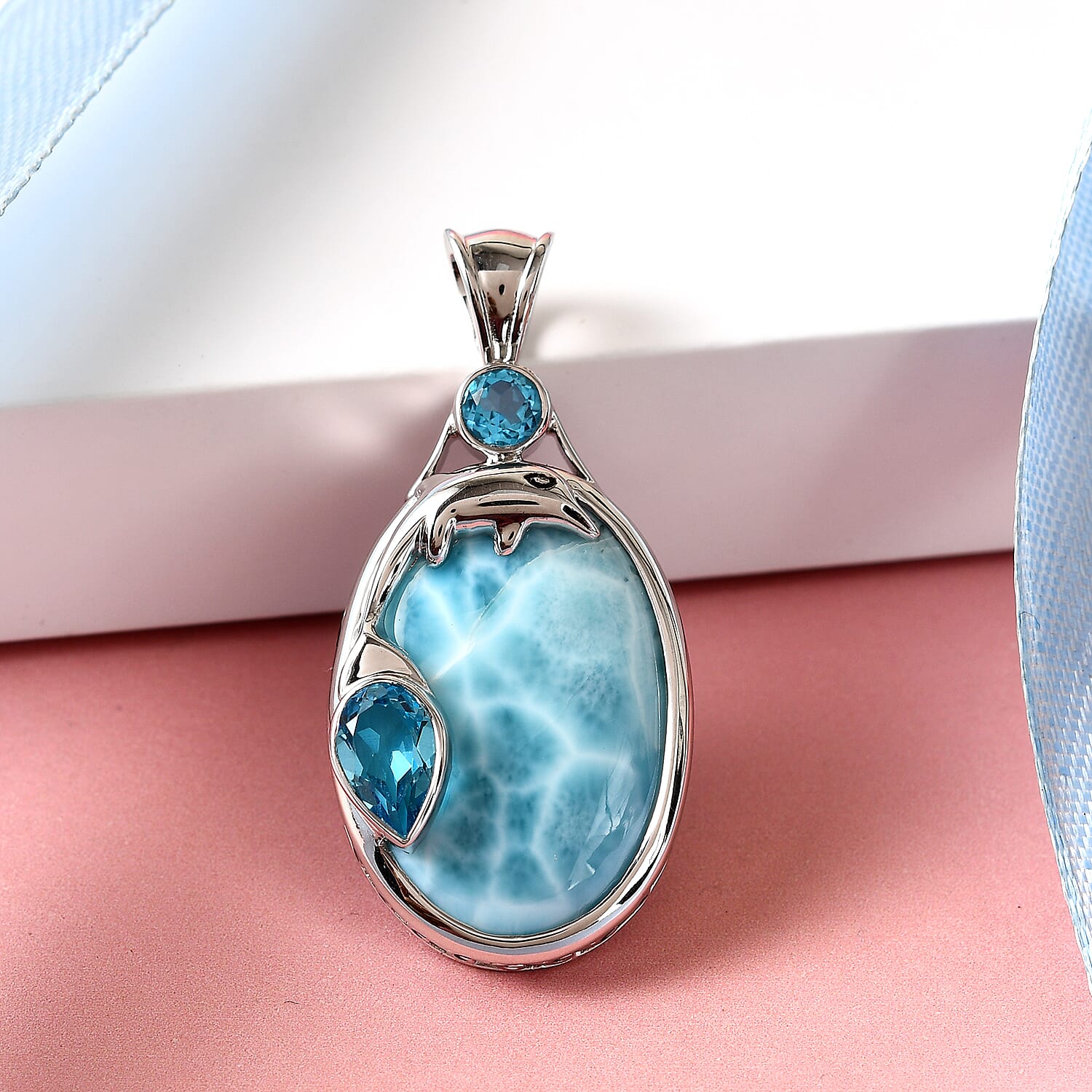 Sajen Silver NATURES JOY Collection - Larimar and Doublet Blue Quartz Pendant in Platinum Overlay Sterling Silver 20.58 Ct.