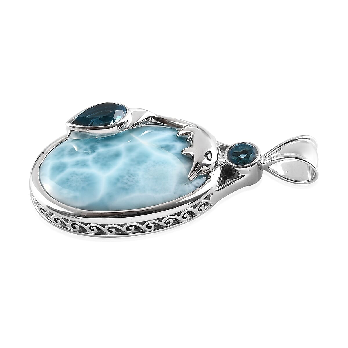 Sajen Silver NATURES JOY Collection - Larimar and Doublet Blue Quartz Pendant in Platinum Overlay Sterling Silver 20.58 Ct.