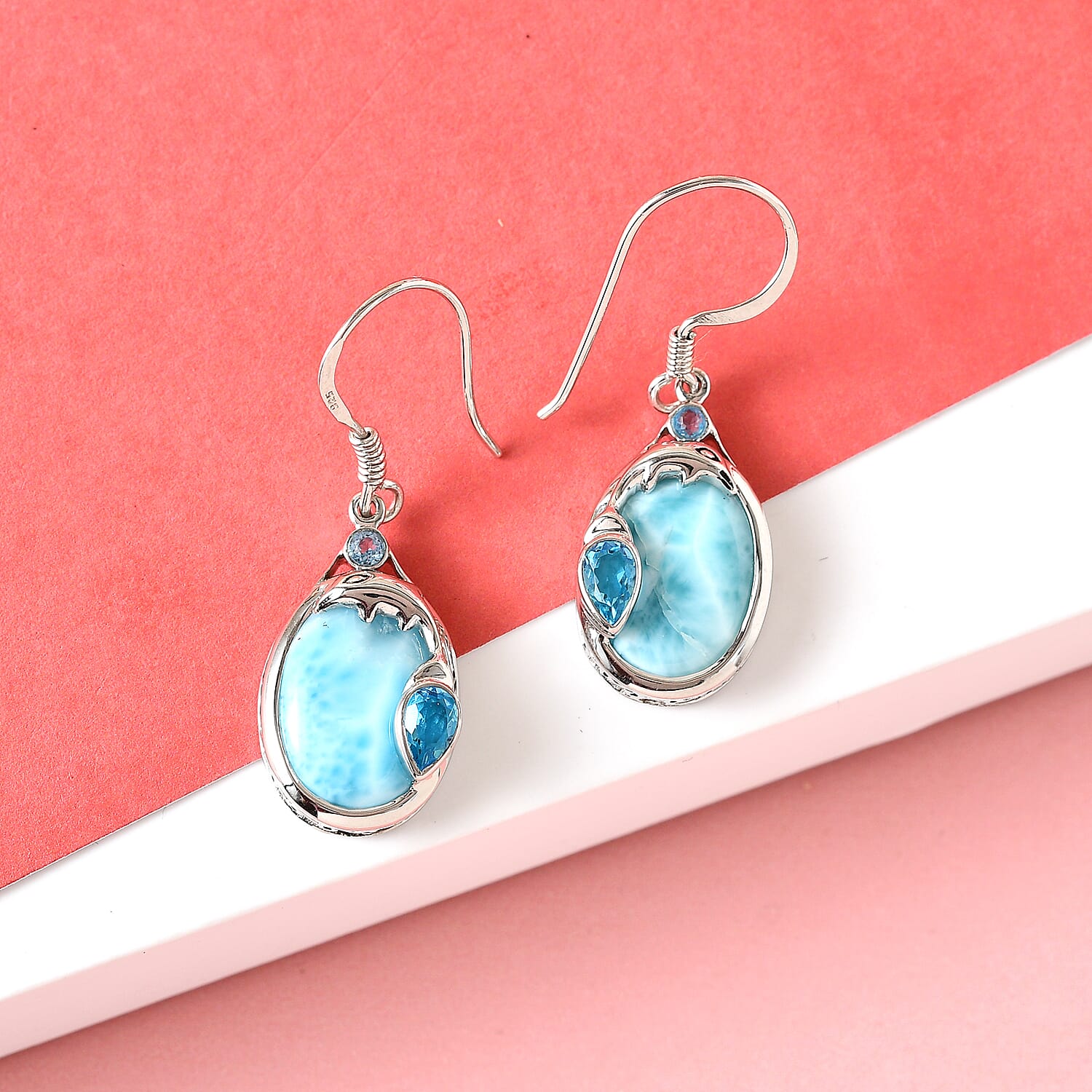 Sajen Silver NATURES JOY Collection - Larimar and Blue Doublet Quartz Hook Earrings in Platinum Overlay Sterling Silver 10.20 Ct.