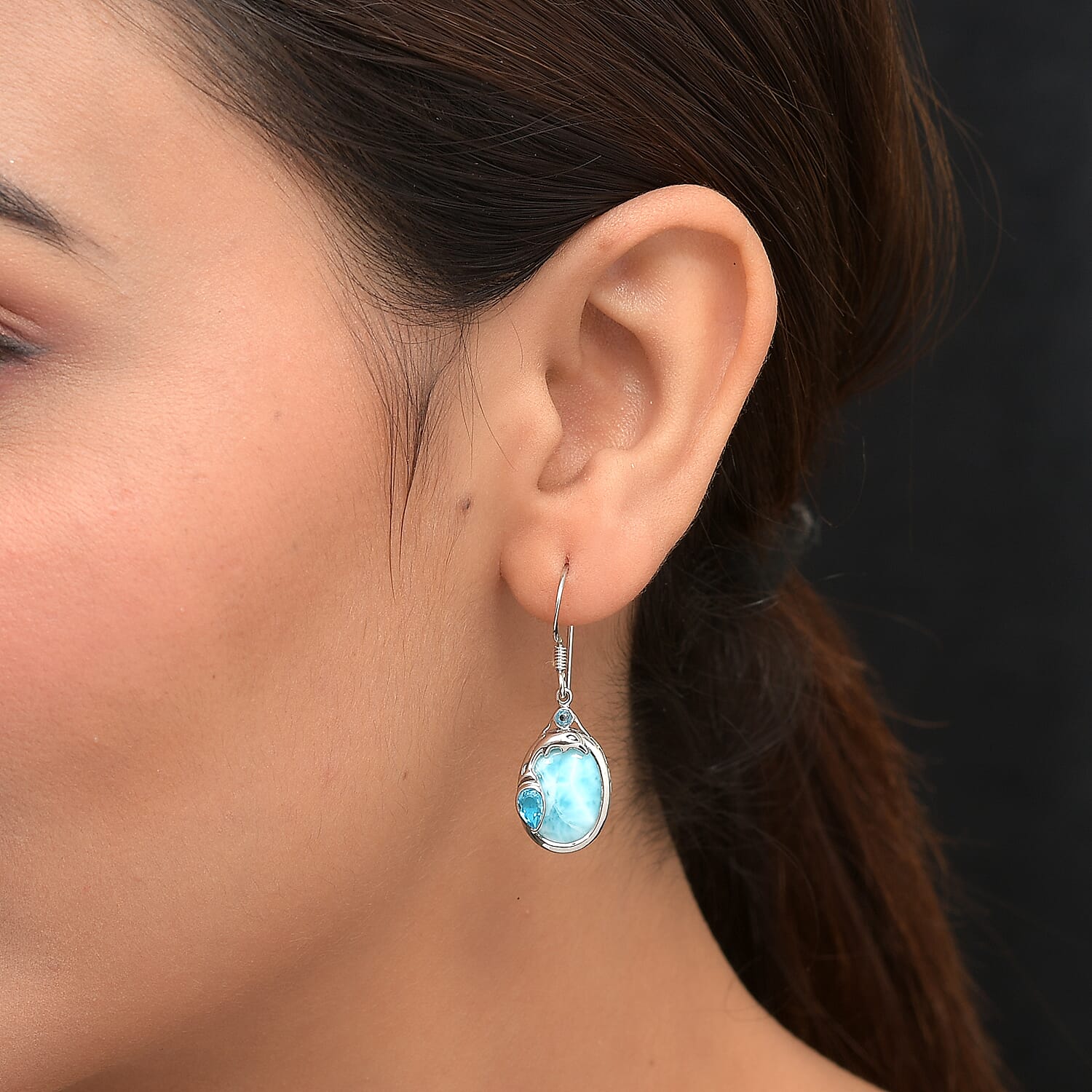 Sajen Silver NATURES JOY Collection - Larimar and Blue Doublet Quartz Hook Earrings in Platinum Overlay Sterling Silver 10.20 Ct.