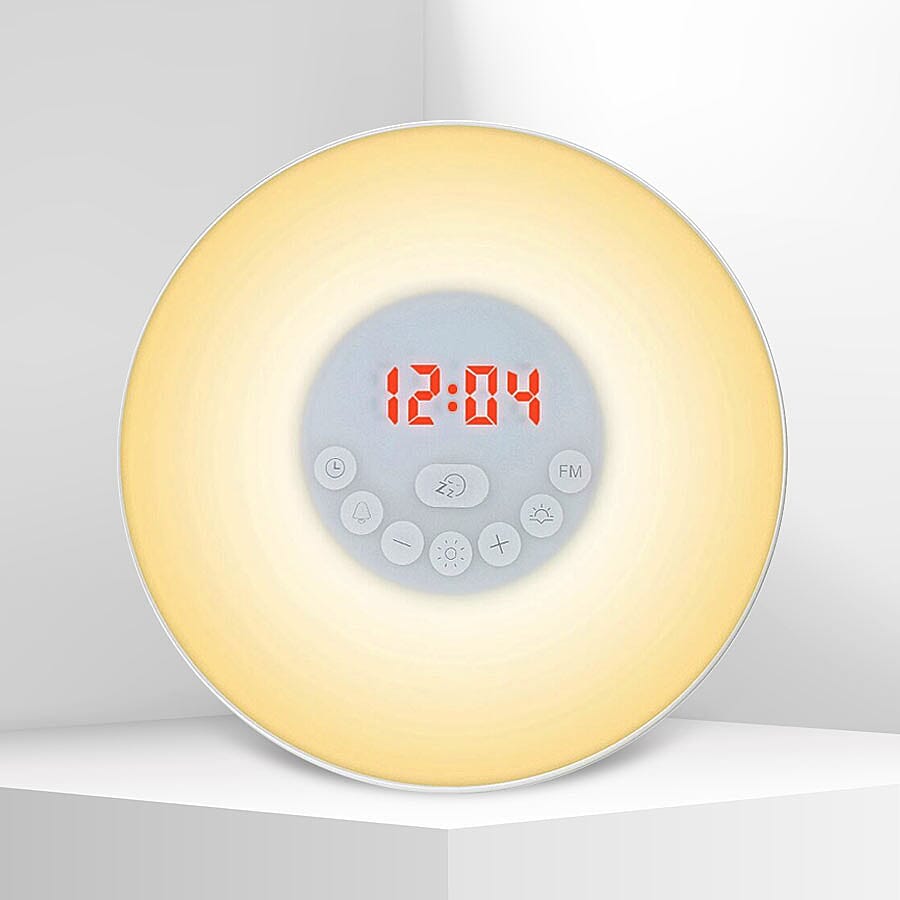 Alarm Clock Wake Up Light With Built In Radio And Sound Effects (Size 17x17x9.3cm) (2xAAA batteries - not included)