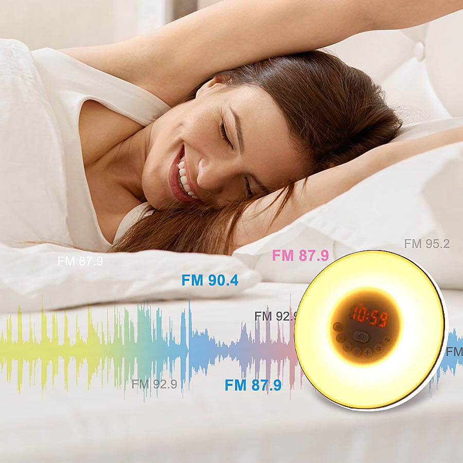 Alarm Clock Wake Up Light With Built In Radio And Sound Effects (Size 17x17x9.3cm) (2xAAA batteries - not included)