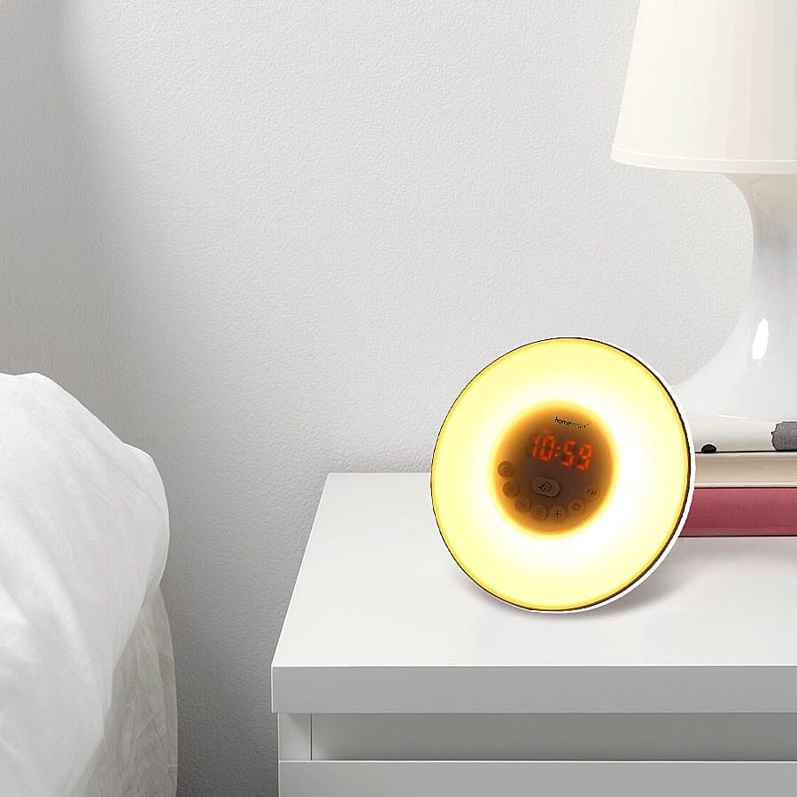 Alarm Clock Wake Up Light With Built In Radio And Sound Effects (Size 17x17x9.3cm) (2xAAA batteries - not included)