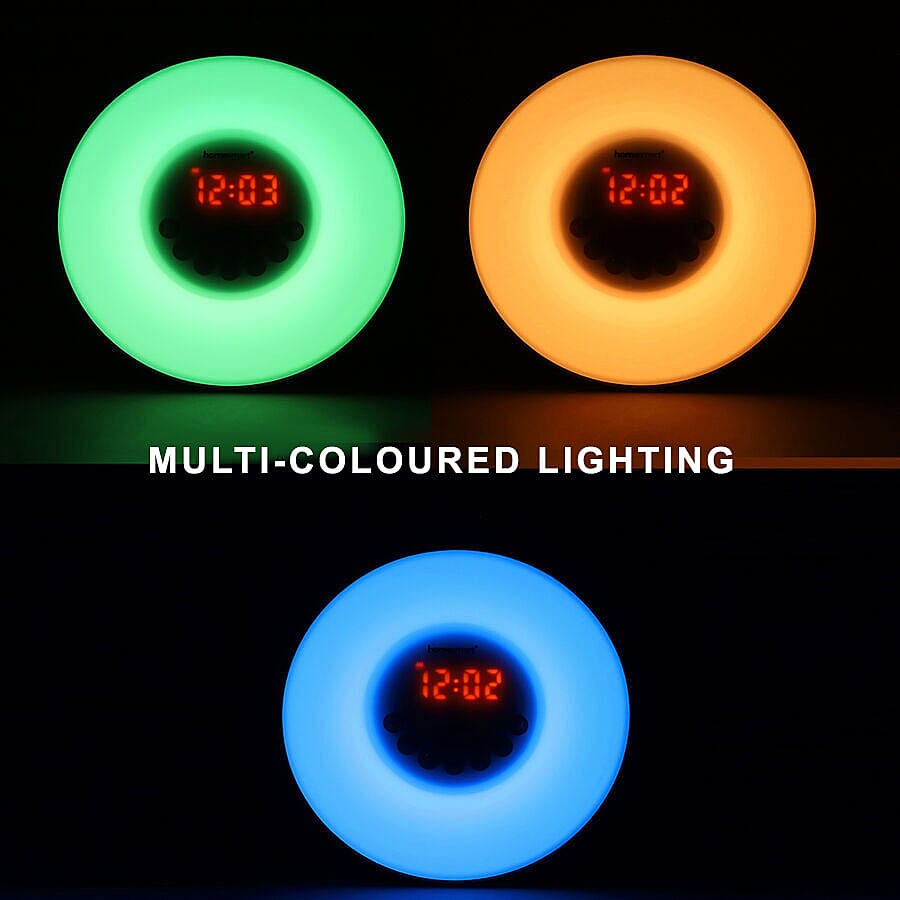 Alarm Clock Wake Up Light With Built In Radio And Sound Effects (Size 17x17x9.3cm) (2xAAA batteries - not included)