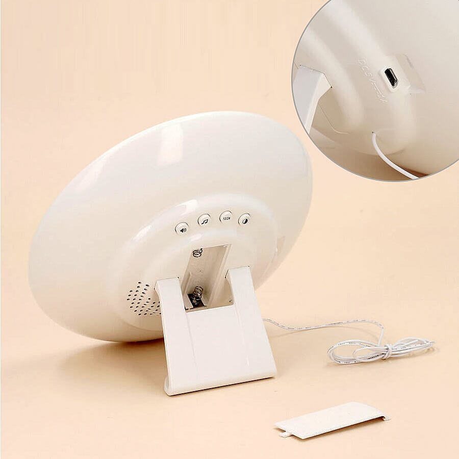 Alarm Clock Wake Up Light With Built In Radio And Sound Effects (Size 17x17x9.3cm) (2xAAA batteries - not included)