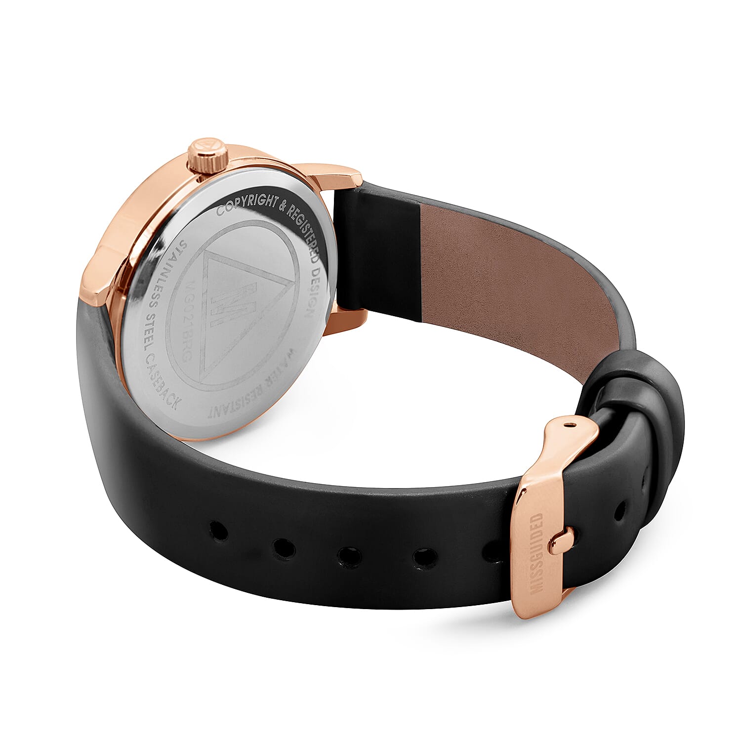 MISSGUIDED Ladies Black Dial Stone Set Bezel Analog Watch in Rose Gold Tone with Black Colour Strap