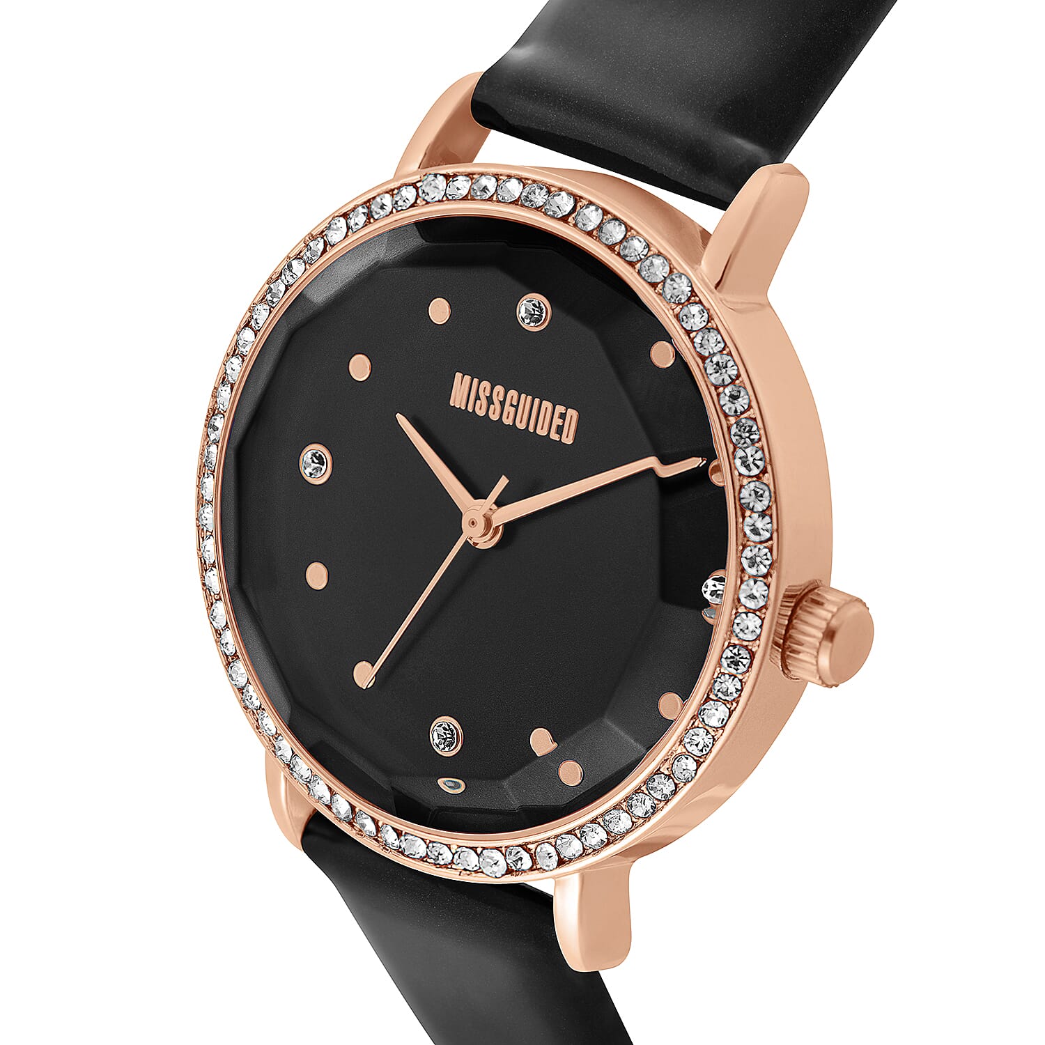 MISSGUIDED Ladies Black Dial Stone Set Bezel Analog Watch in Rose Gold Tone with Black Colour Strap