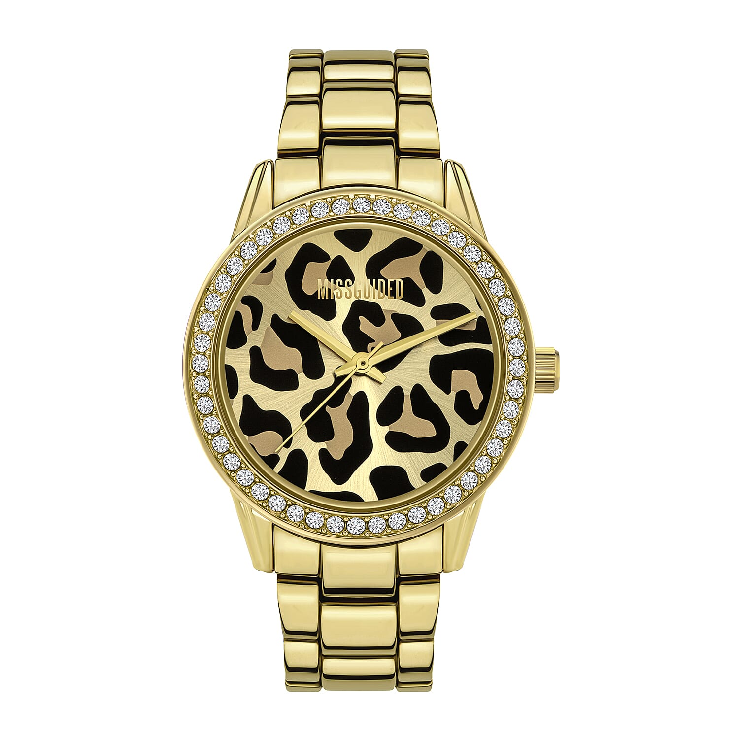 MISSGUIDED Ladies Gold Sunray Leopard Print Dial with Stone Set Bezel Watch in Gold Tone with Chain Strap
