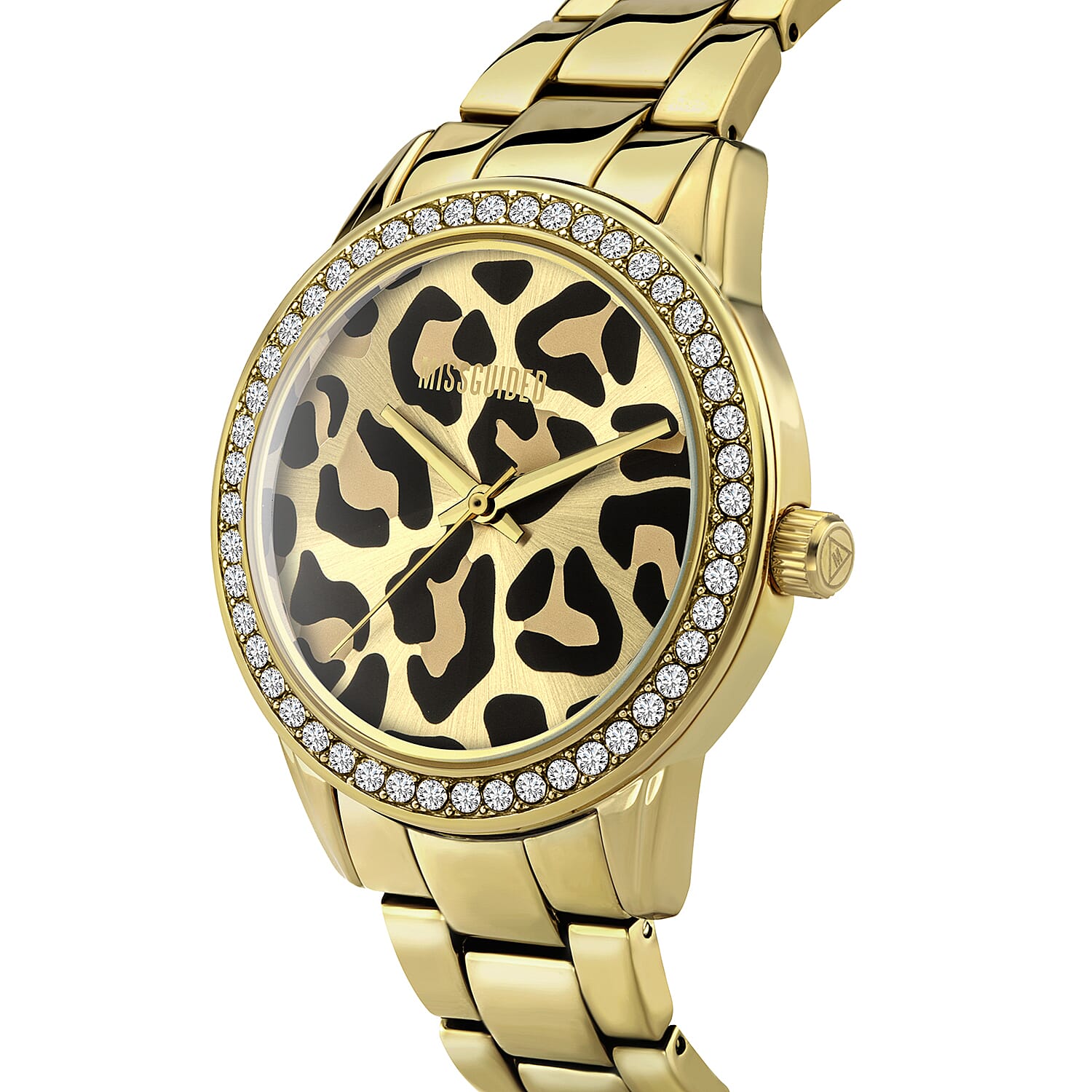 MISSGUIDED Ladies Gold Sunray Leopard Print Dial with Stone Set Bezel Watch in Gold Tone with Chain Strap